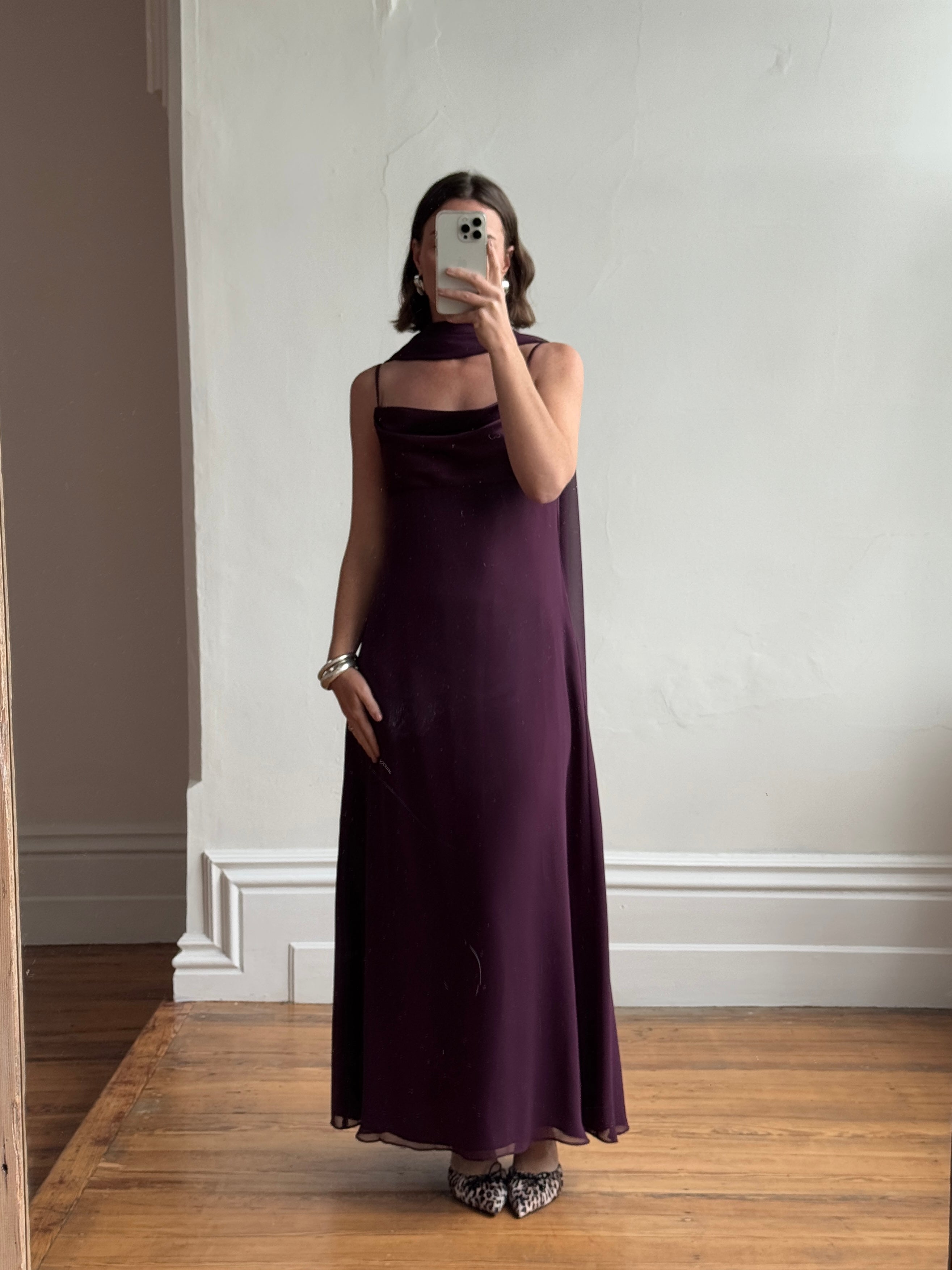 Vintage 90s Aubergine Cowl Neck Dress With Scarf