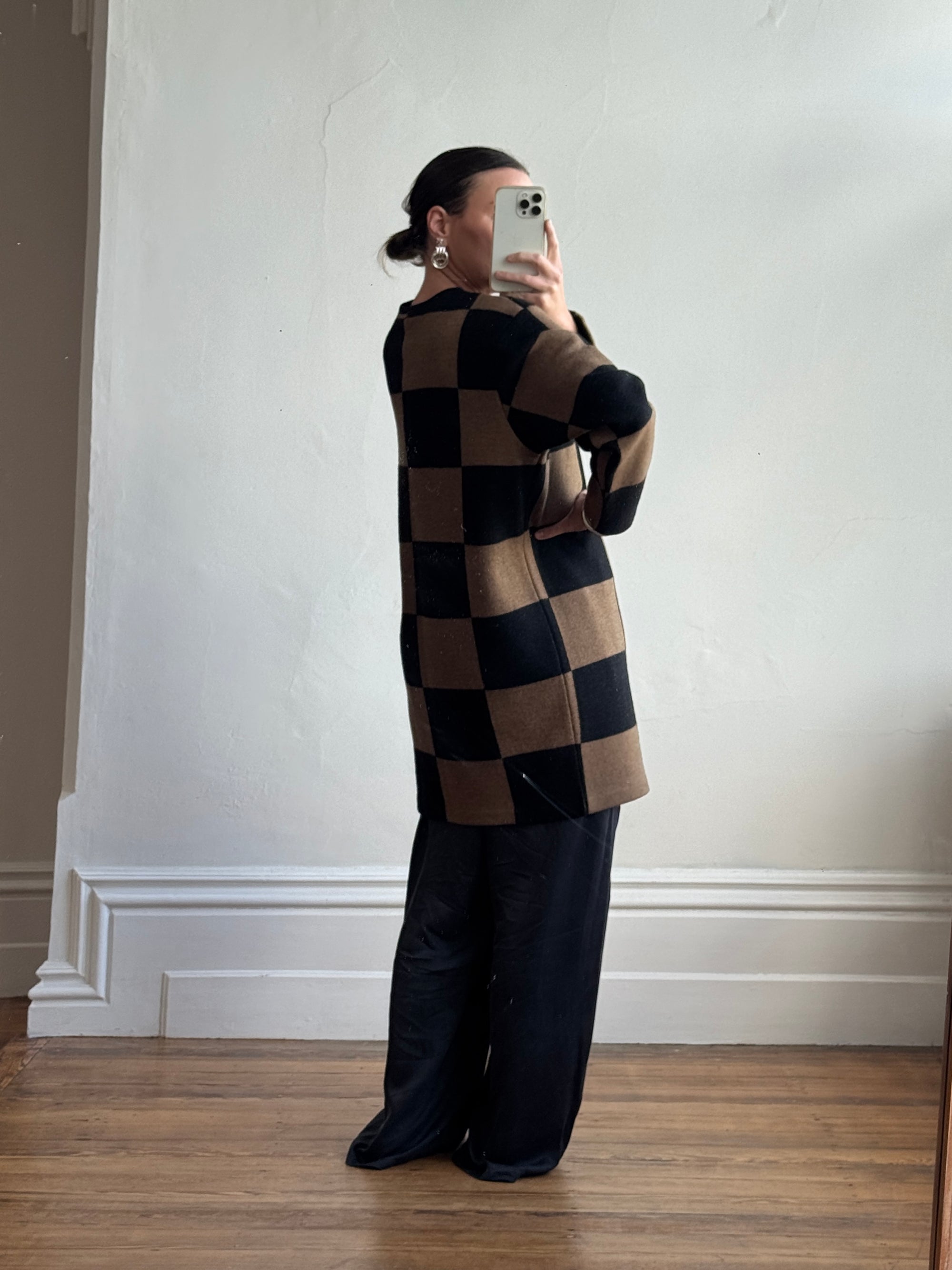 Vintage 80s Pure Wool Checkerboard Oversized Cardi