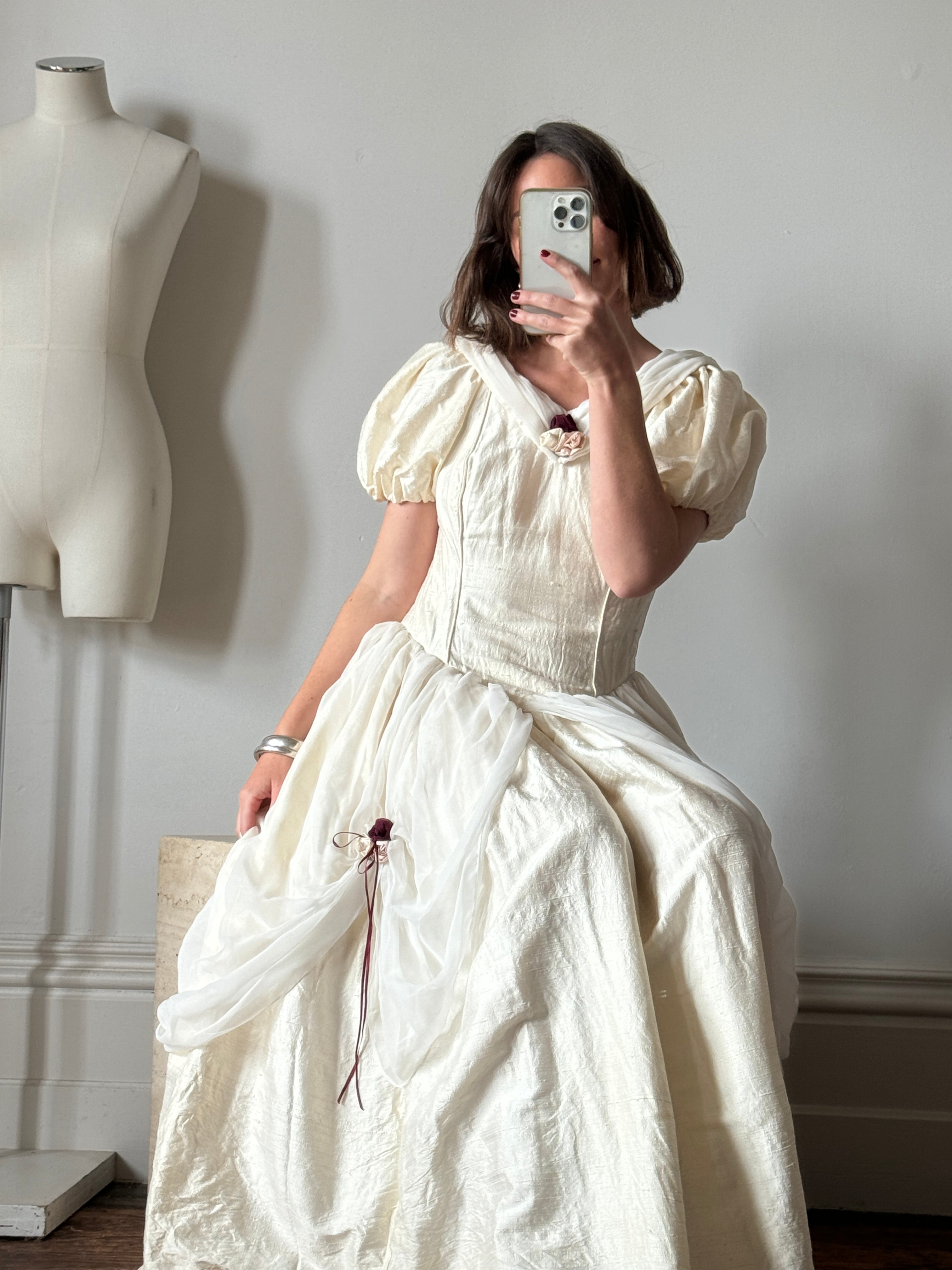 Vintage Silk Puff Sleeve Wedding Dress with Chiffon and Roses