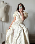 Vintage Silk Puff Sleeve Wedding Dress with Chiffon and Roses