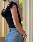 Vintage 90s Jersey Ruffle Off the Shoulder Top Noir