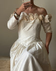 Vintage 80s Pure Silk Rosette Off Shoulder Gown