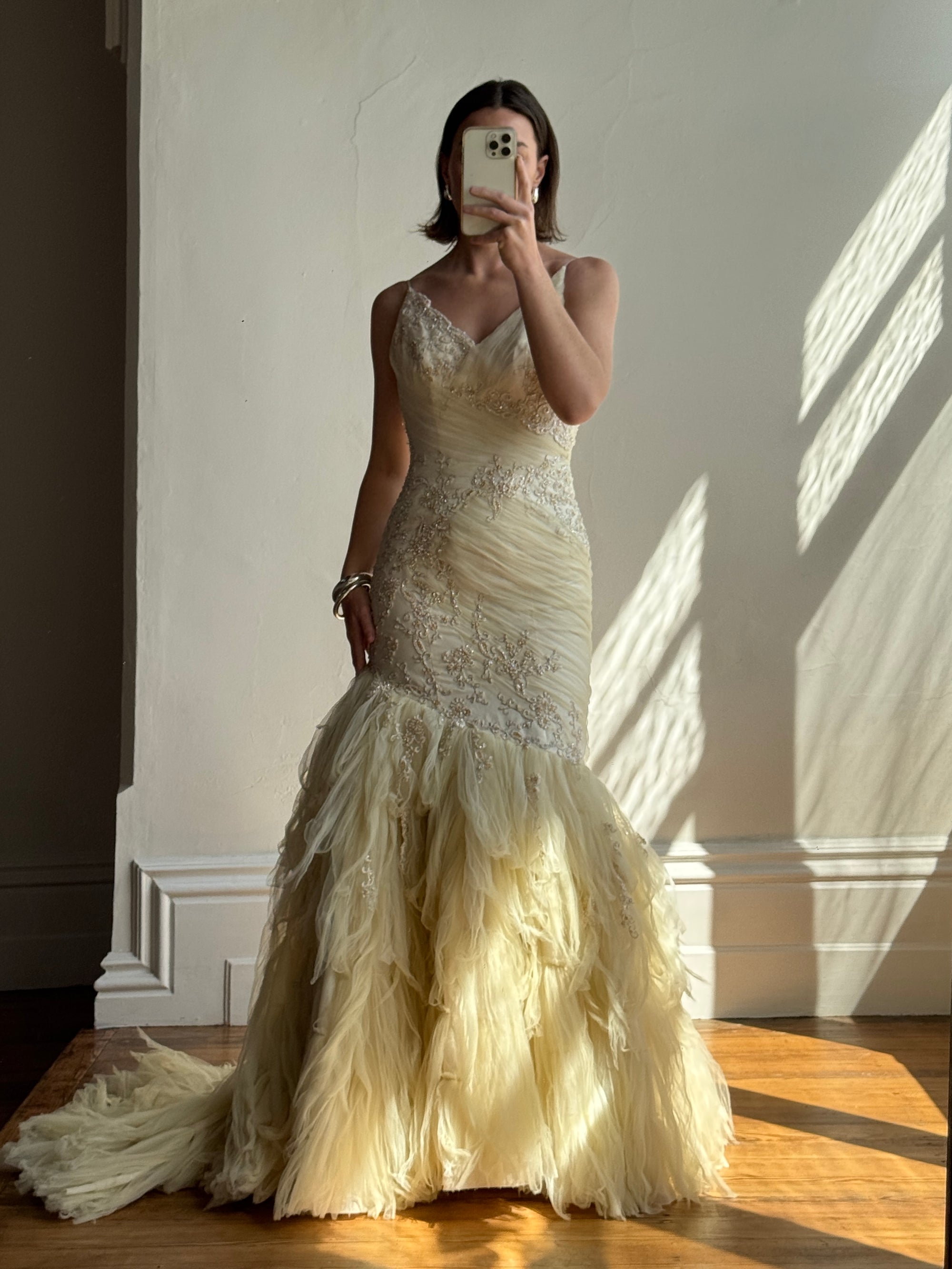 Vintage 90s Fishtail Beaded Tulle Wedding Gown Champagne