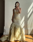 Vintage 90s Fishtail Beaded Tulle Wedding Gown Champagne