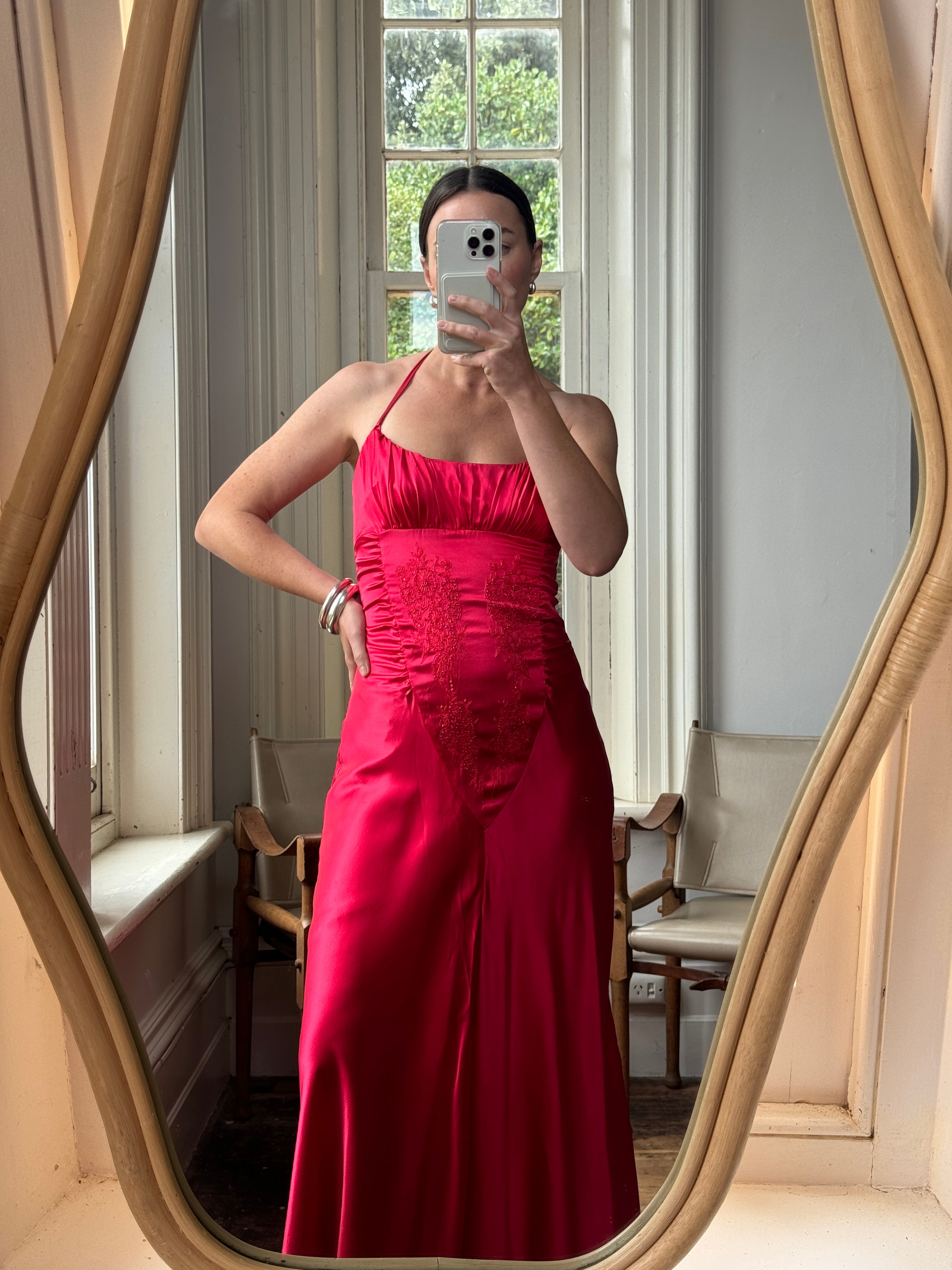 Vintage 90s Pure Silk Beaded Halter Gown Lipstick Red