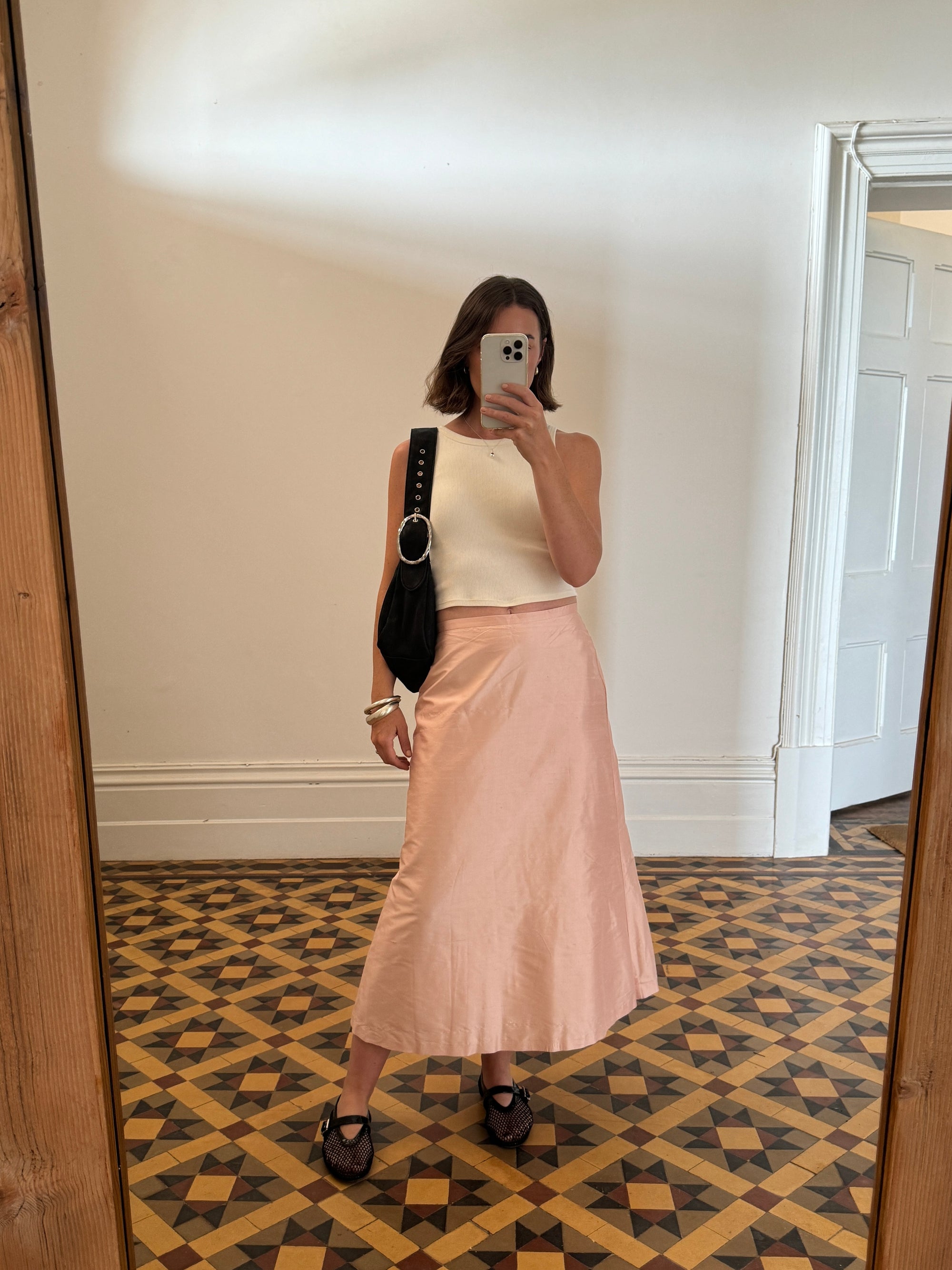 Vintage Pink Pure Silk High Waist Midi Skirt