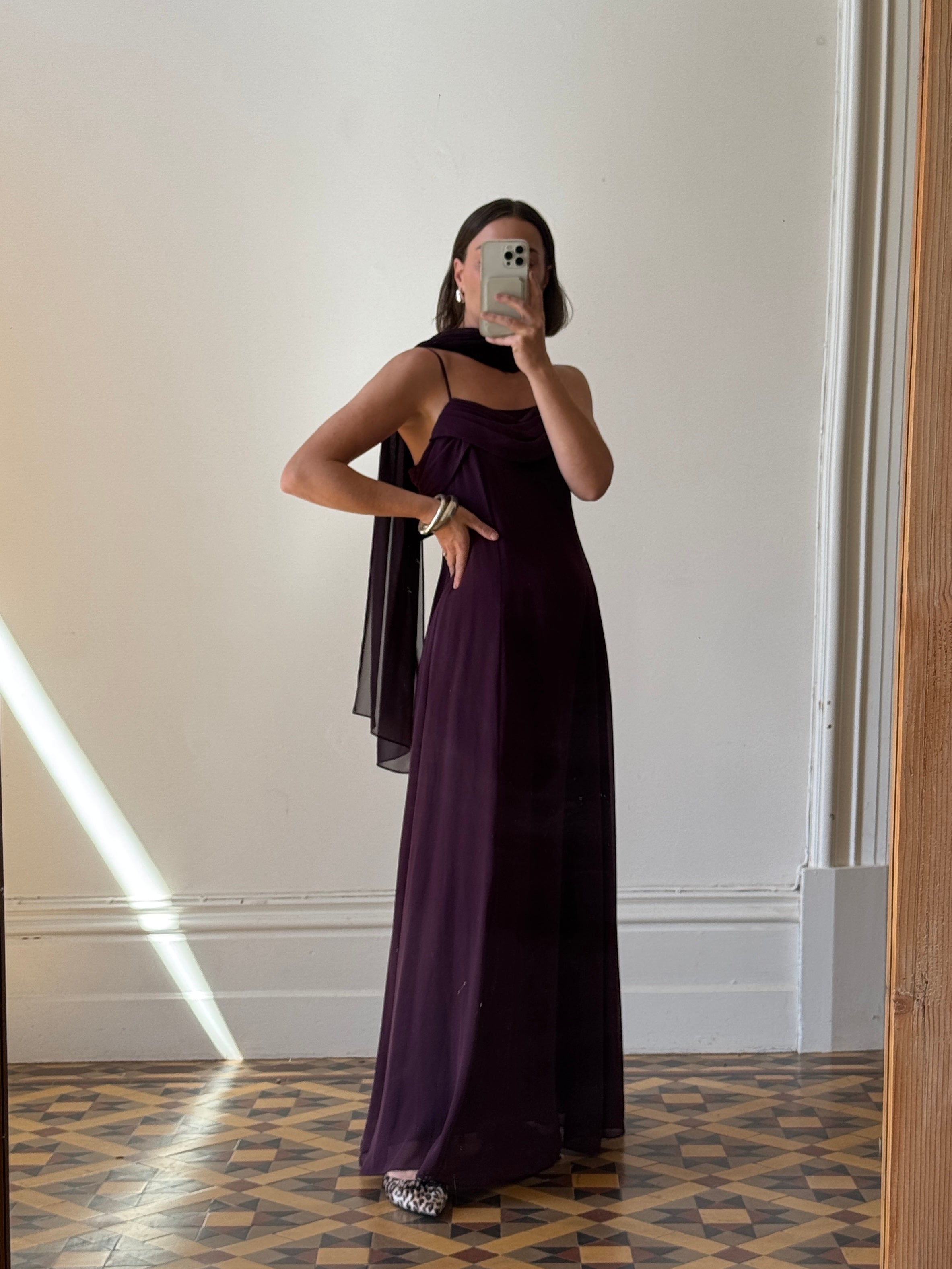 Vintage 90s Eggplant Cowl Neck Dress With Scarf