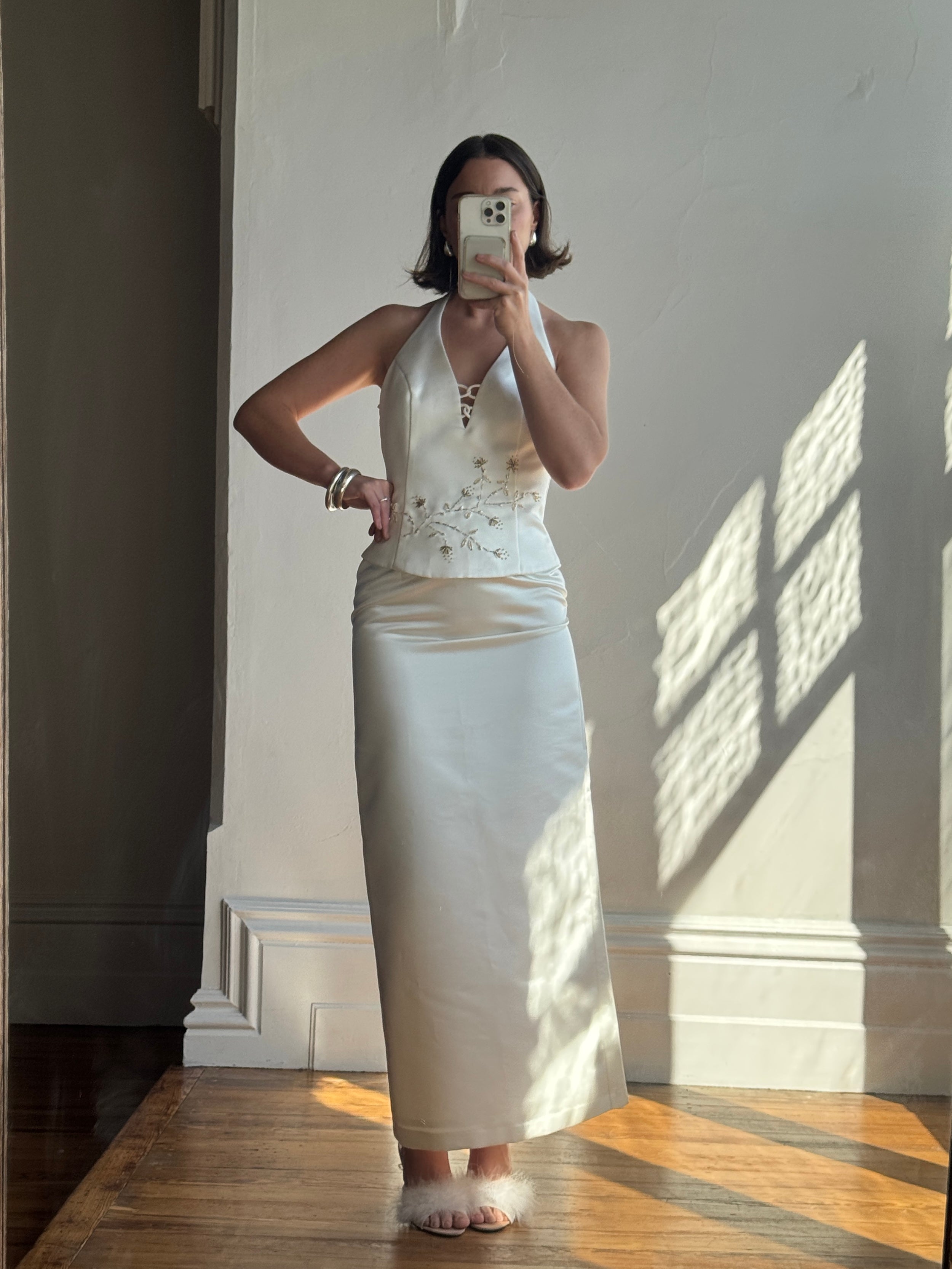 Vintage 90s Halter Two Piece Embellished Satin Wedding Set