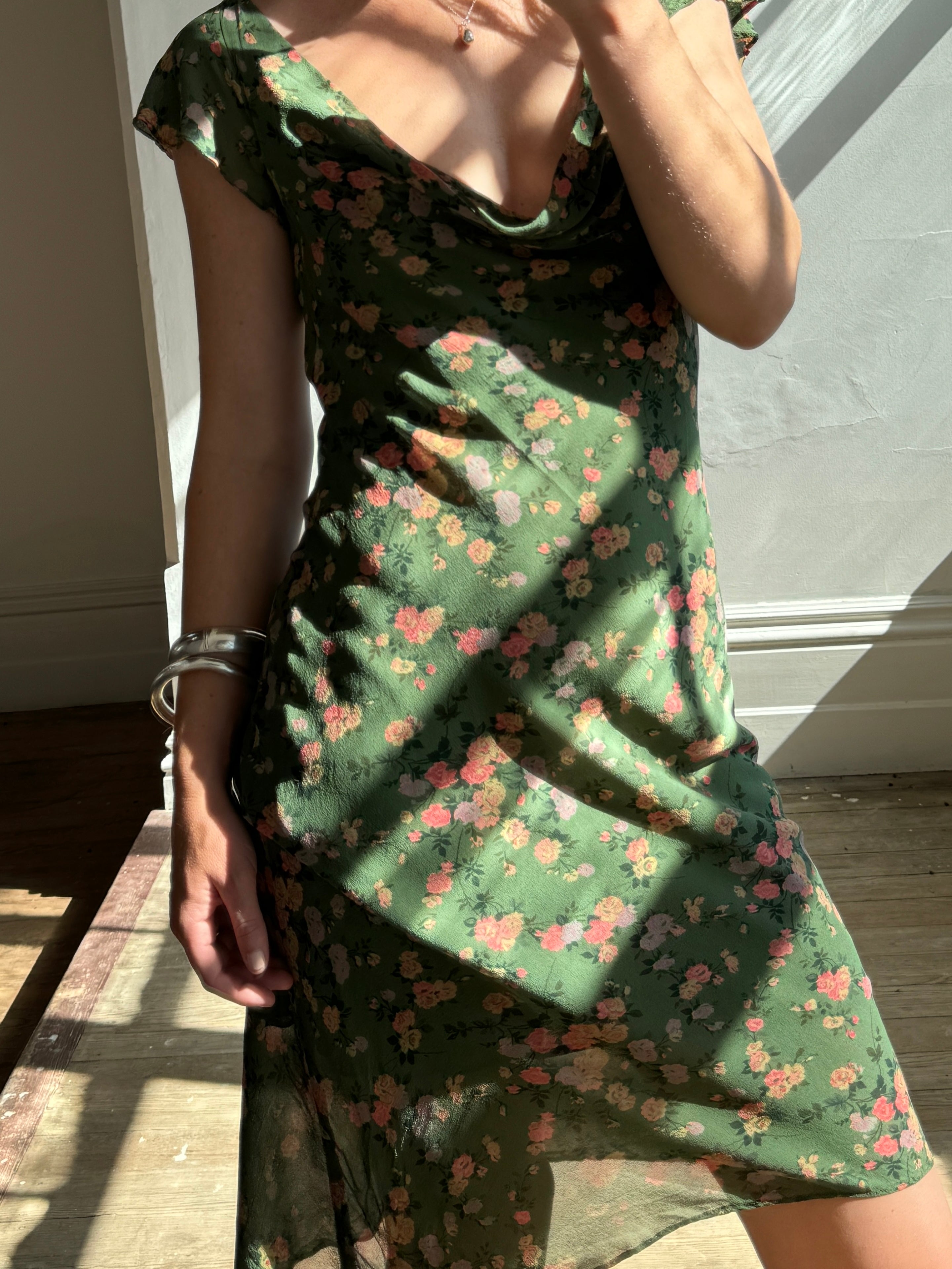 Vintage Leona Edmiston Silk Floral Dress Olive