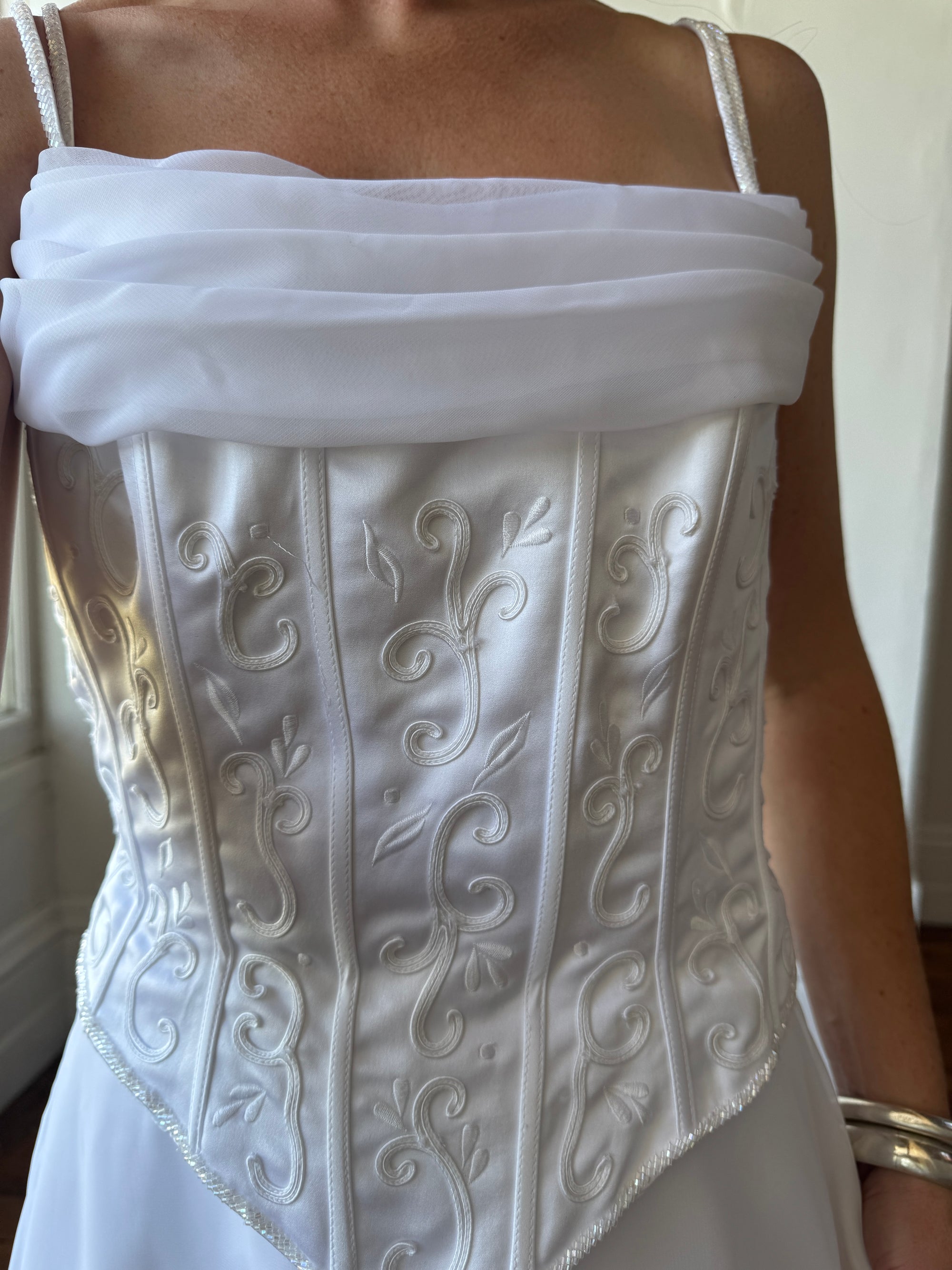 Vintage 90s Embroidered Corset Cowl Neck Wedding Dress