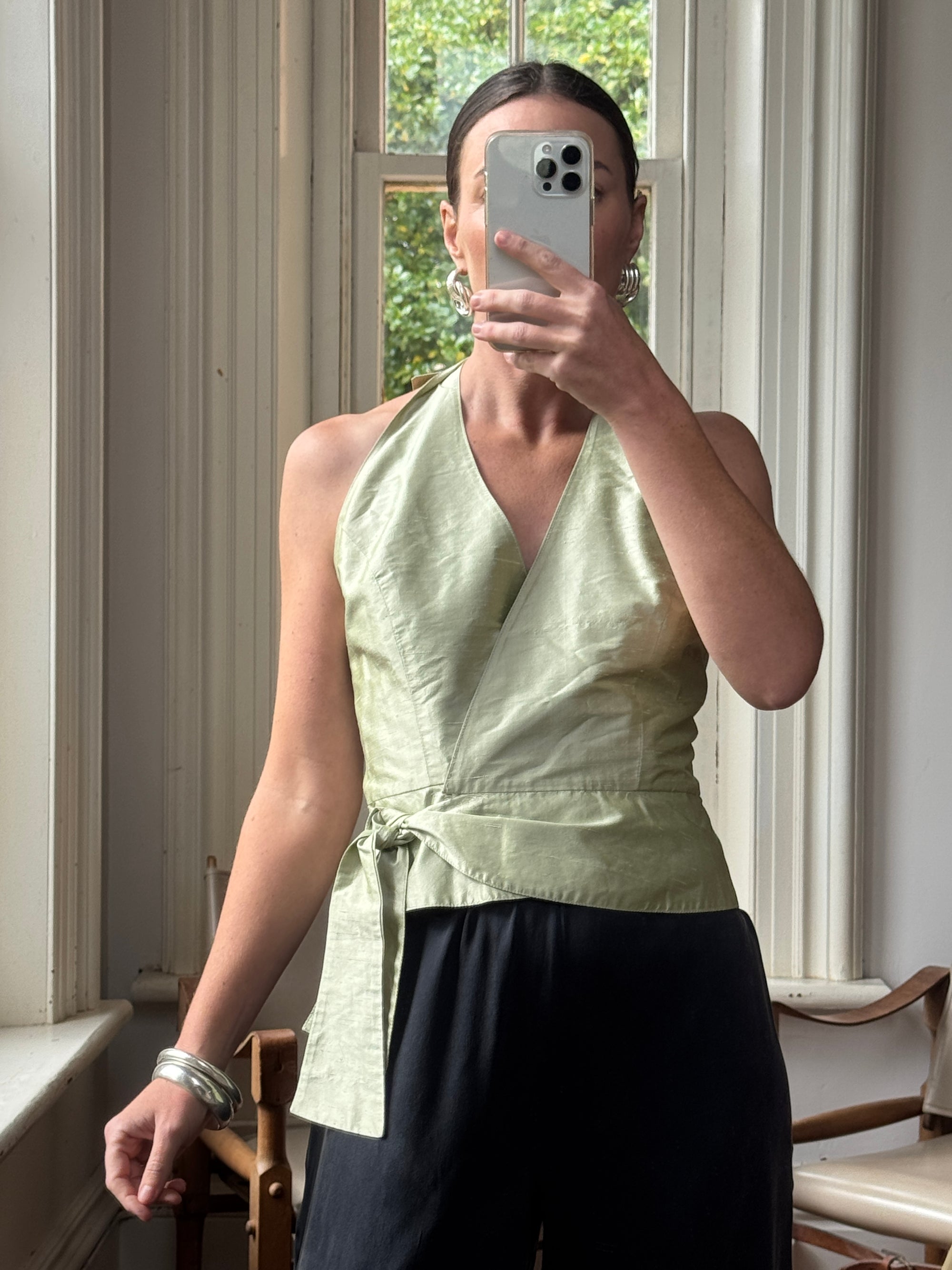 Vintage 90s Pure Silk Sleeveless Wrap Top Apple