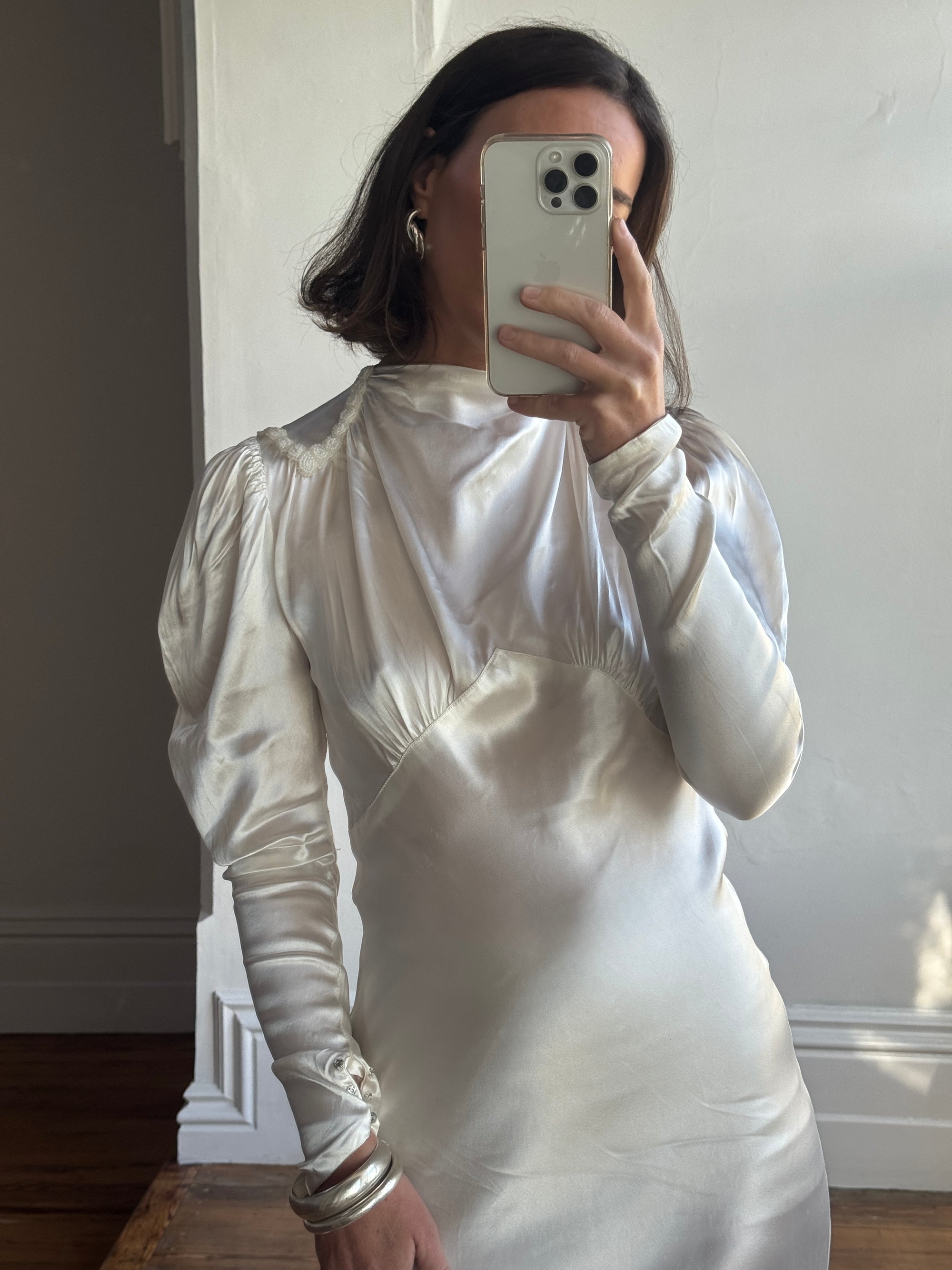 Vintage 40s Liquid Satin Beaded Wedding Gown with Chapel Train