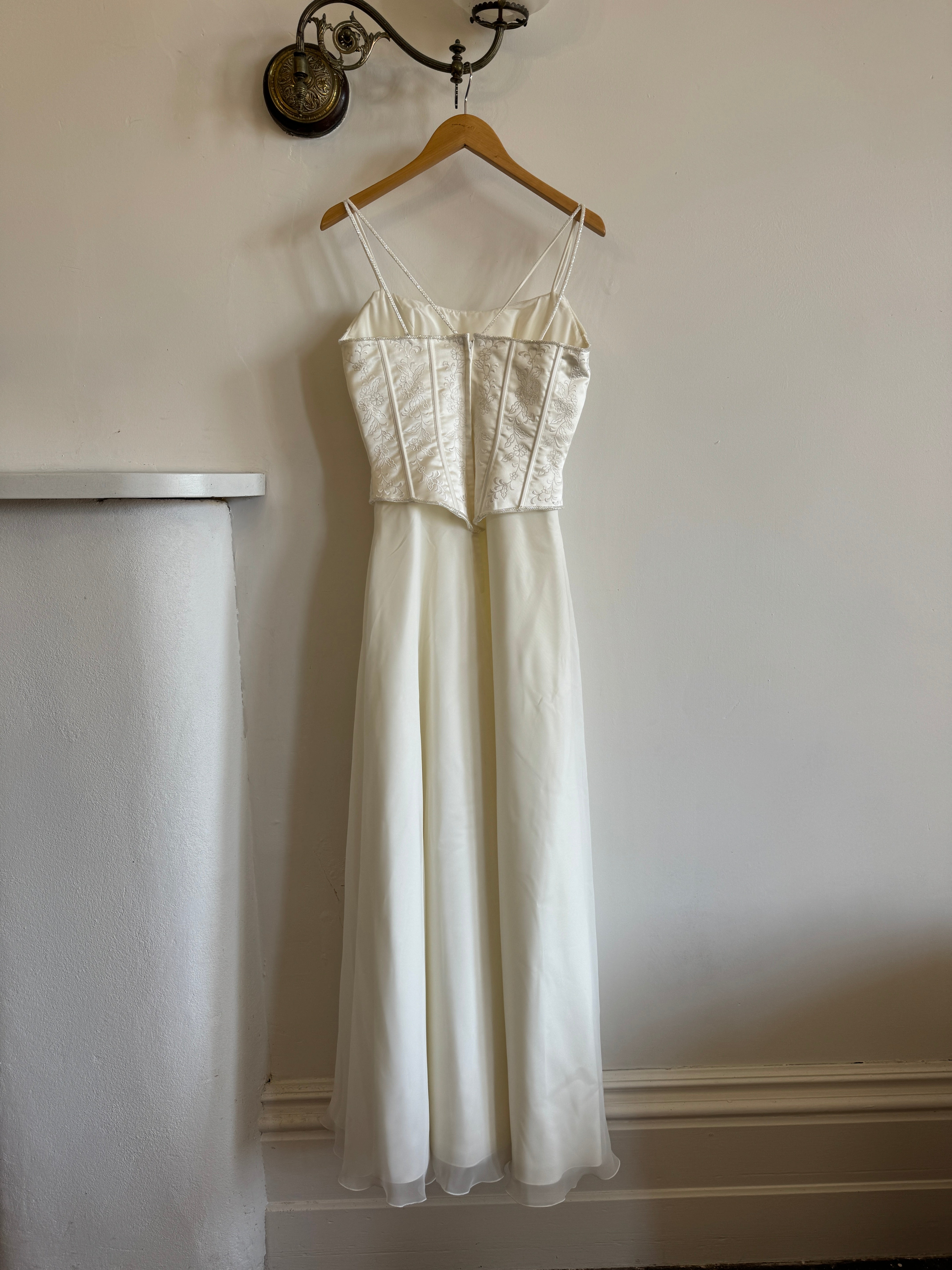 Vintage 90s Cowl Neck Jacquard Bodice Satin Wedding Dress