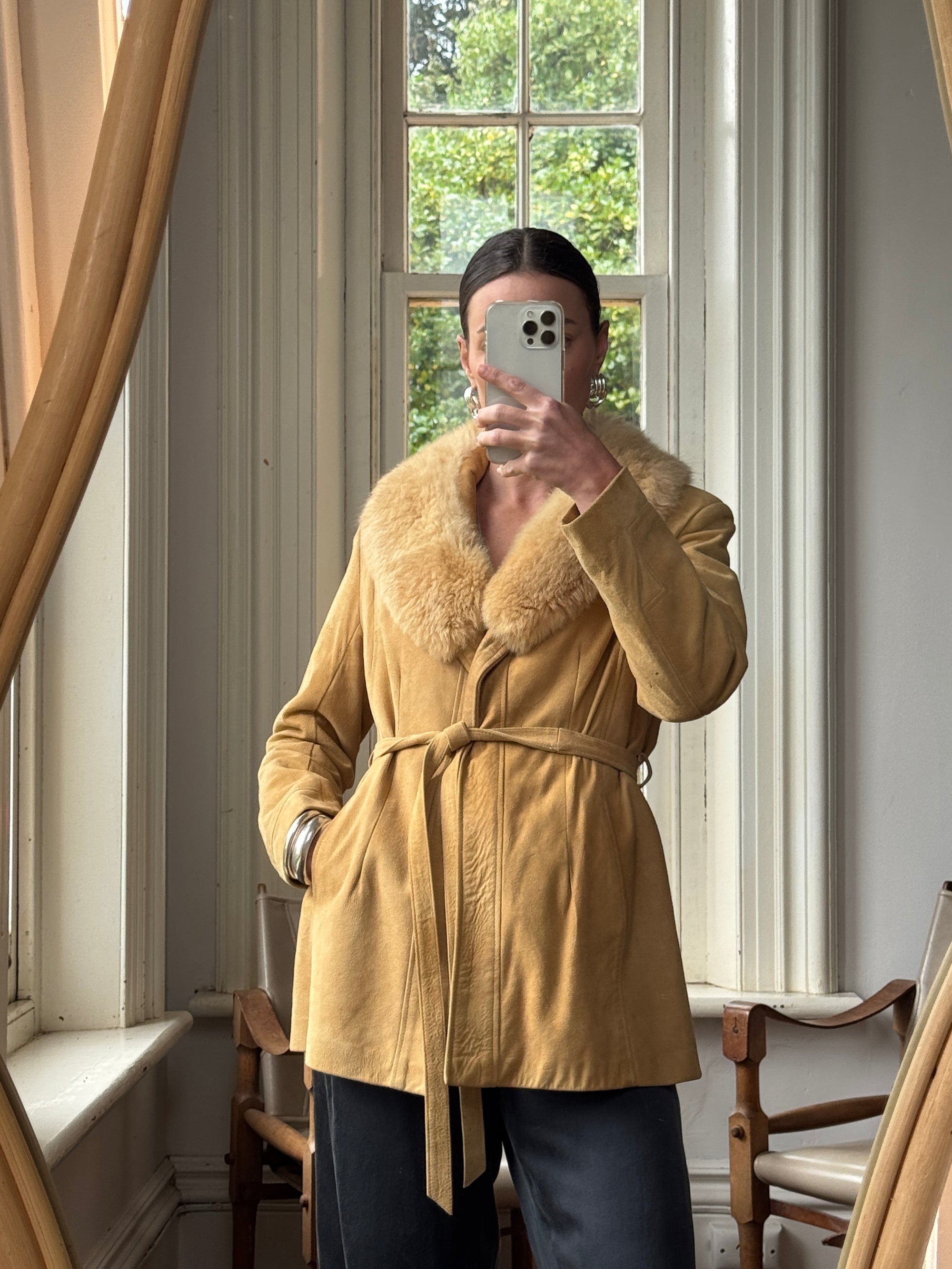 Vintage 70s Caramel Suede Belted Jacket with Fur Collar