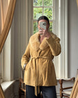 Vintage 70s Caramel Suede Belted Jacket with Fur Collar