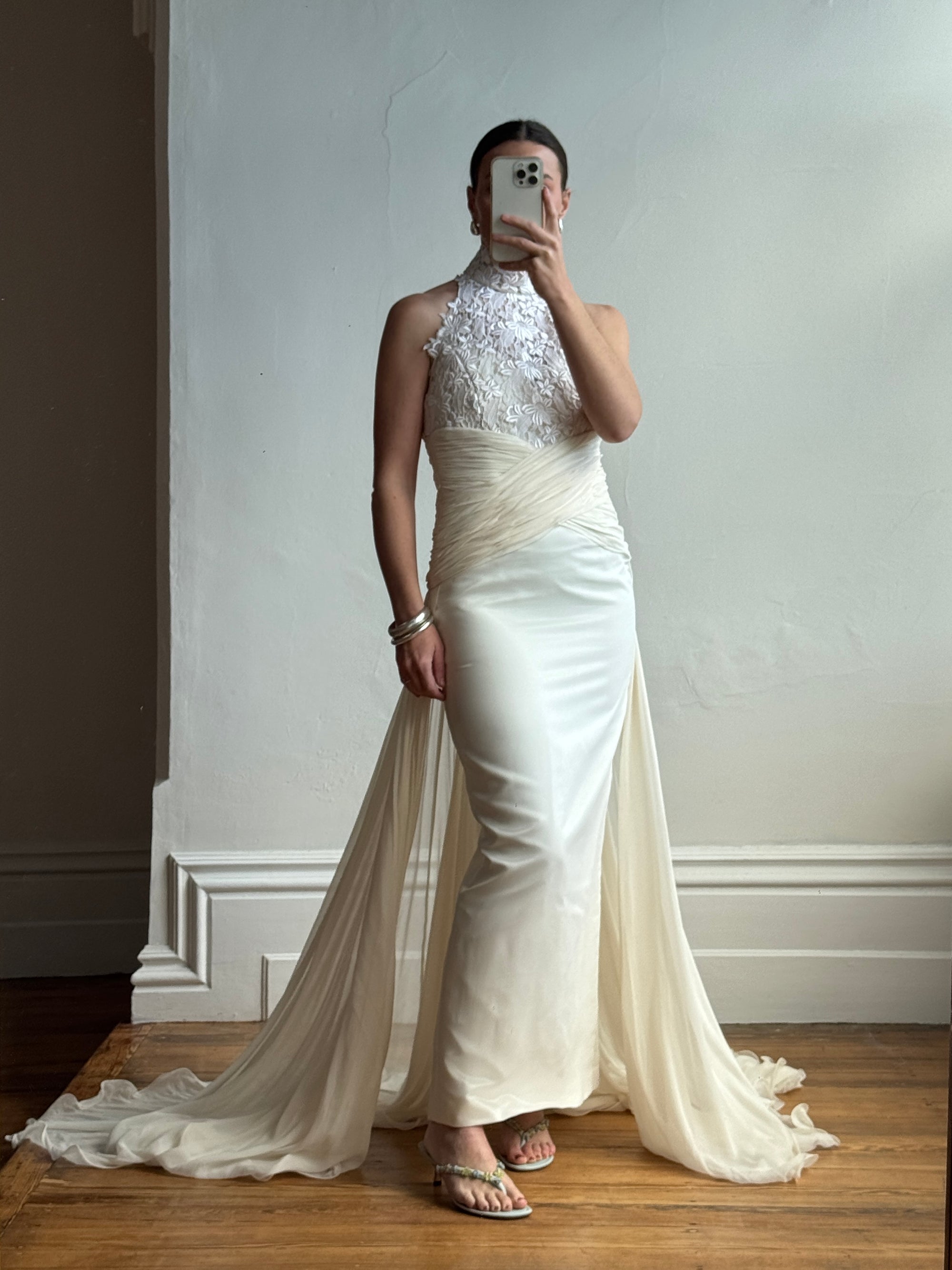 Vintage 90s High Front Lace Midi Dress with Pure Silk Train