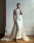 Vintage 90s High Front Lace Midi Dress with Pure Silk Train