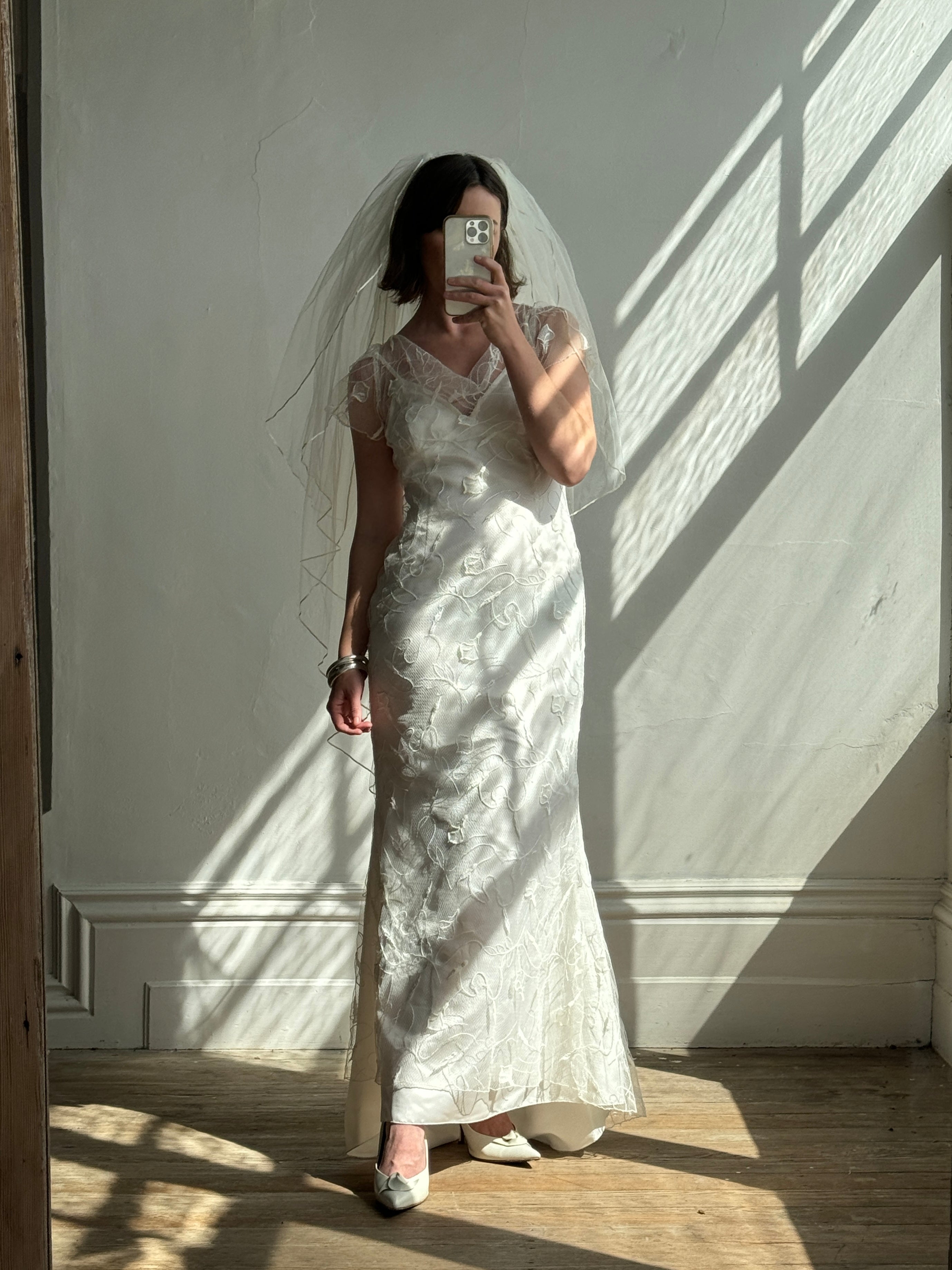 Vintage 90s Net Cowl Neck Mermaid Wedding Dress