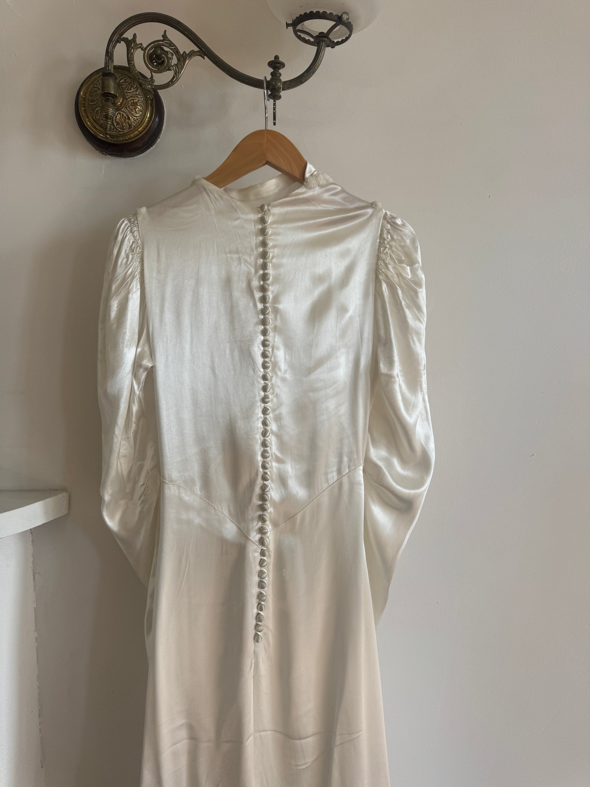 Vintage 40s Liquid Satin Beaded Wedding Gown with Chapel Train