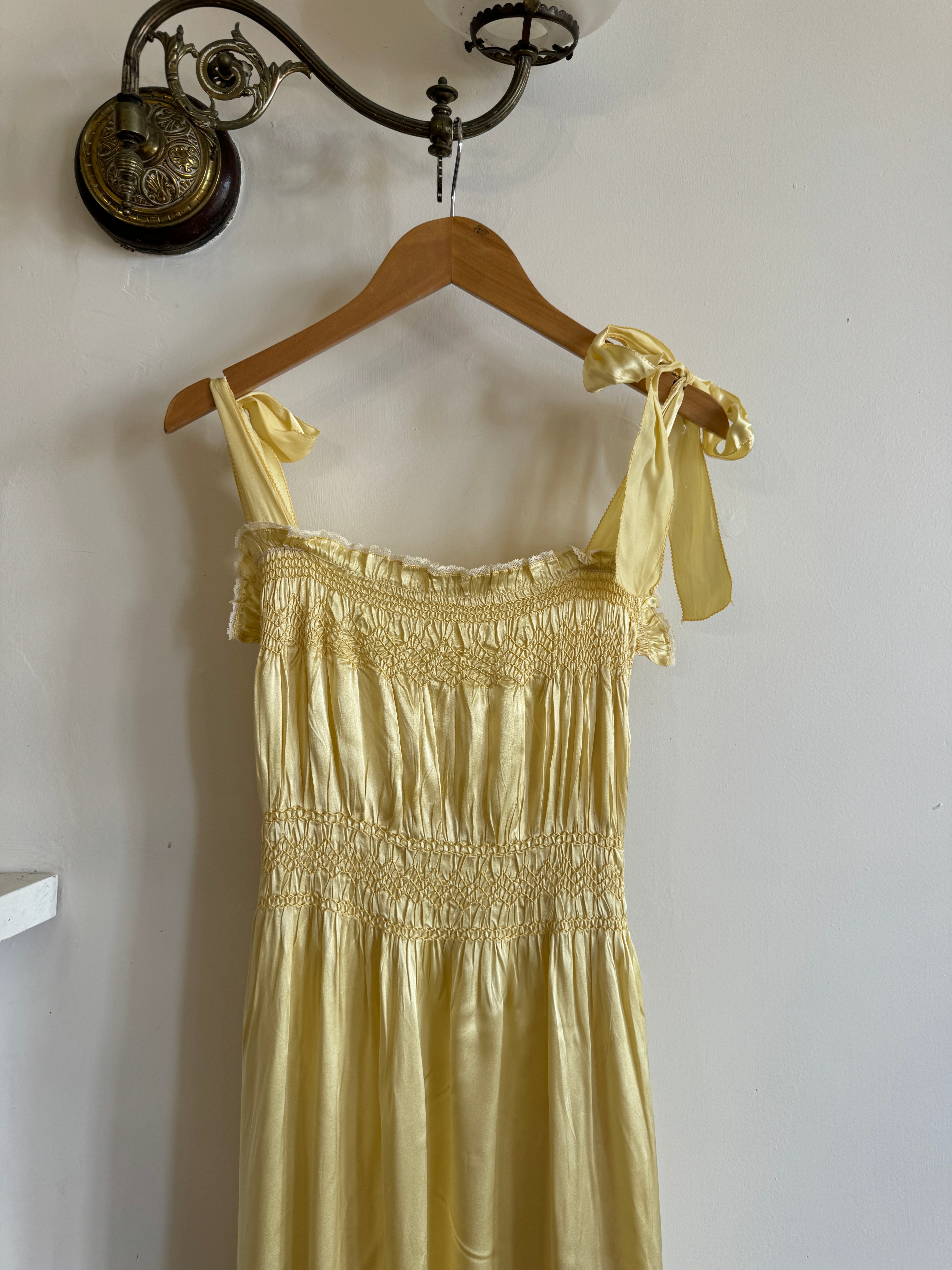 Vintage 40s Liquid Satin Shirred Dress With Ribbon Ties Yellow