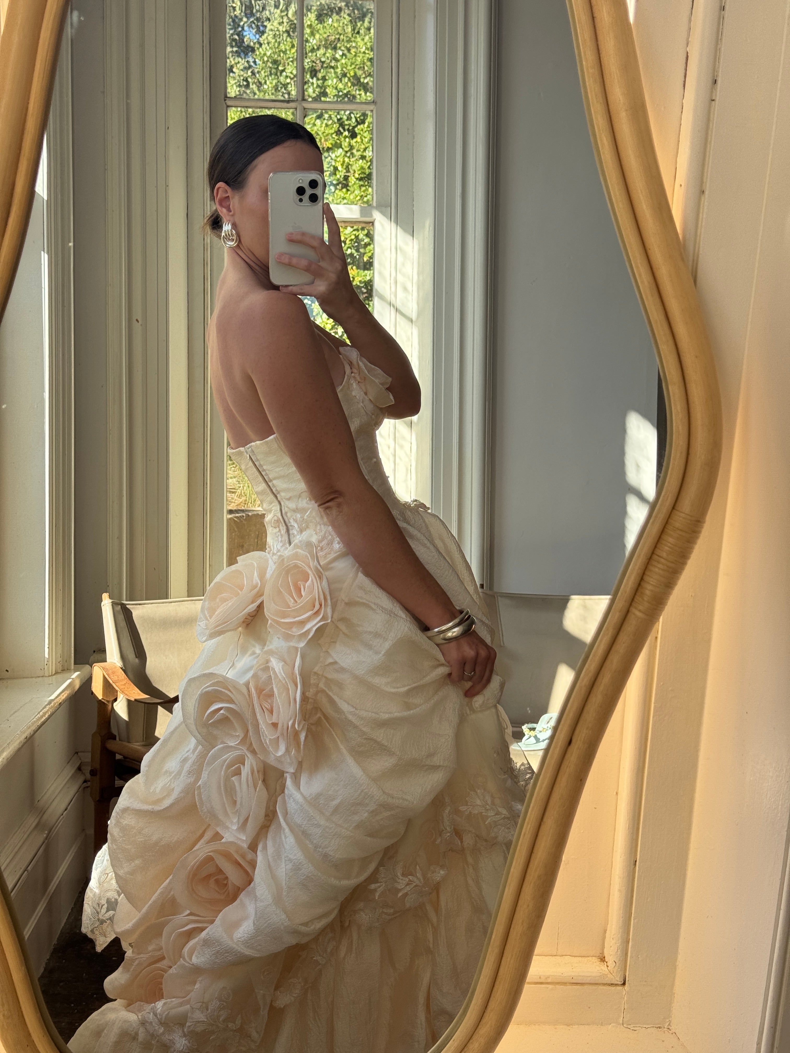 Vintage 90s Strapless Rosette Bubble Wedding Gown Peachy Creme