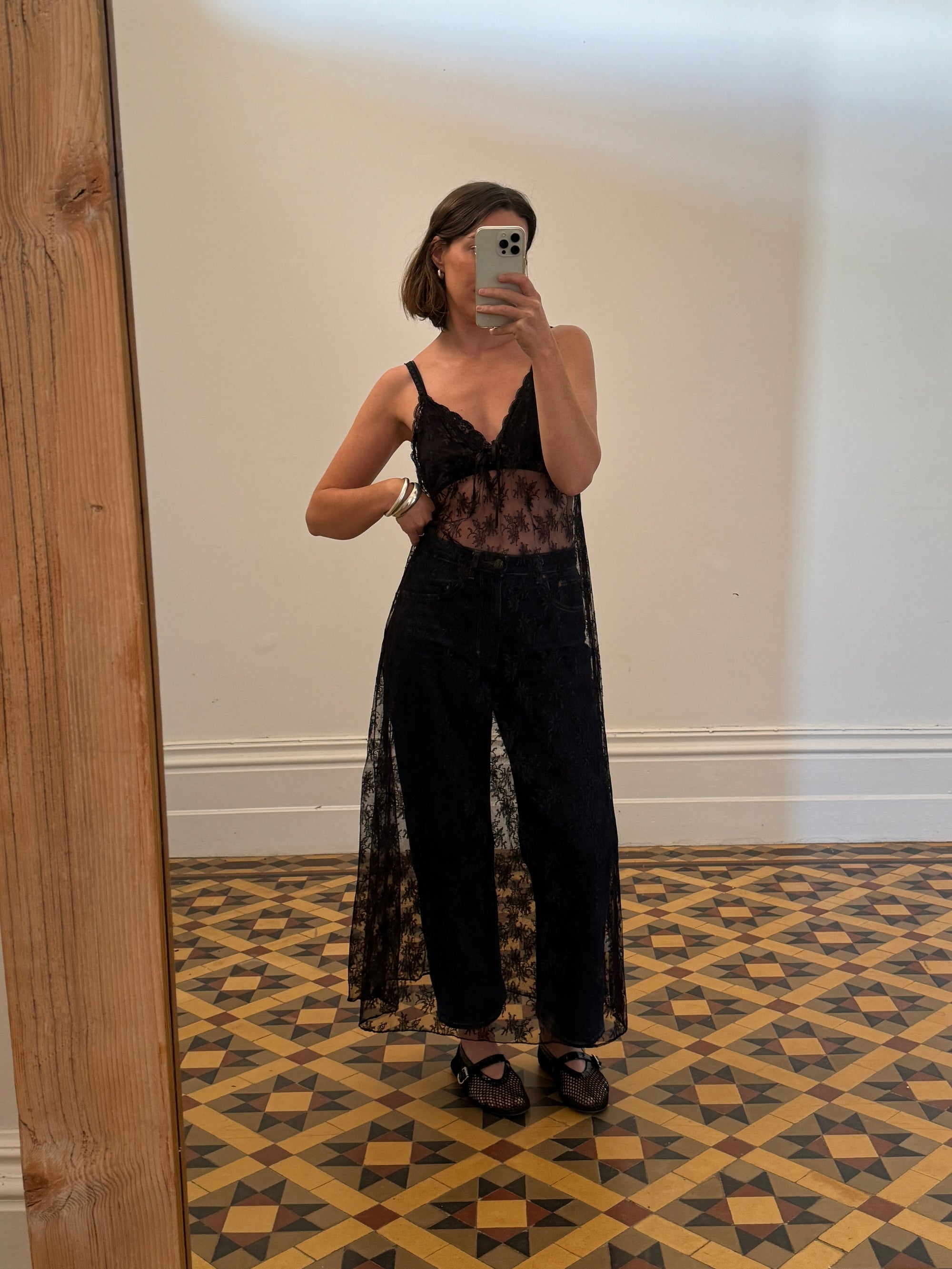 Vintage Black Lace Tie Front Slip Dress
