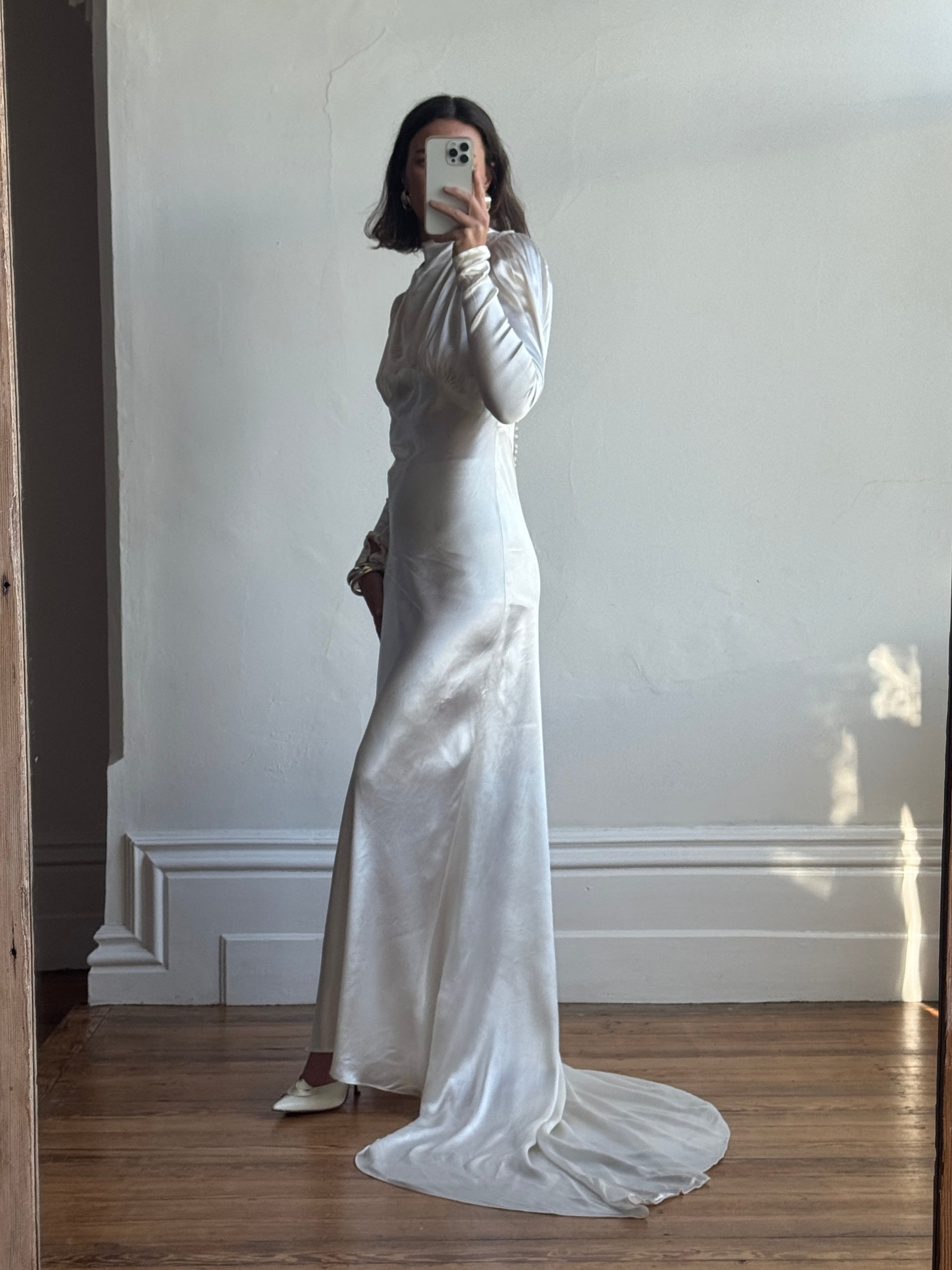 Vintage 40s Liquid Satin Beaded Wedding Gown with Chapel Train