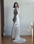 Vintage 40s Liquid Satin Beaded Wedding Gown with Chapel Train