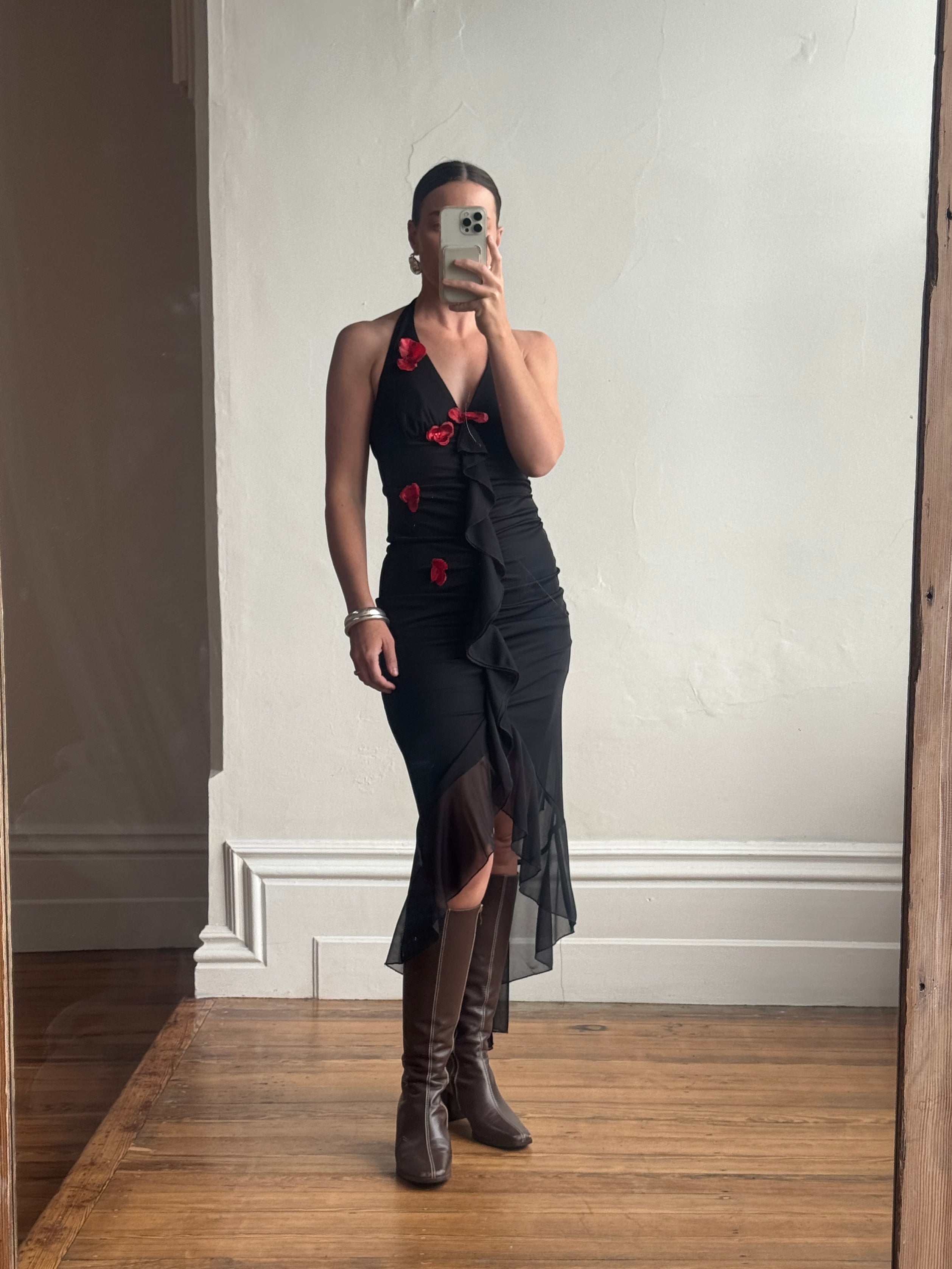 Vintage 90s Halter Rose Fairy Dress Noir