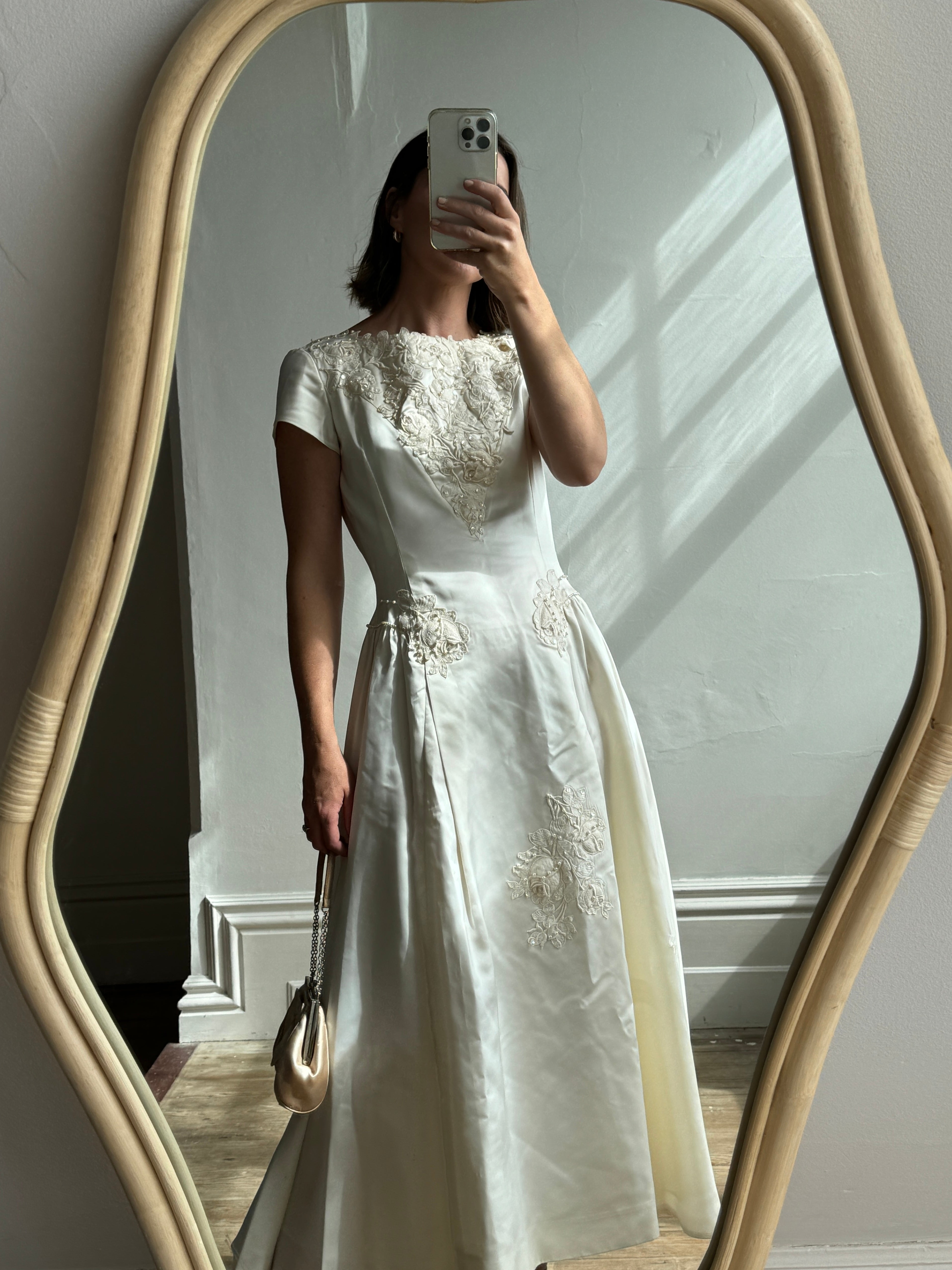 Vintage 30s Satin Wedding Dress with Applique Pearl and Lace