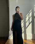 Vintage 70s High Neck Silver Lurex Evening Gown Noir