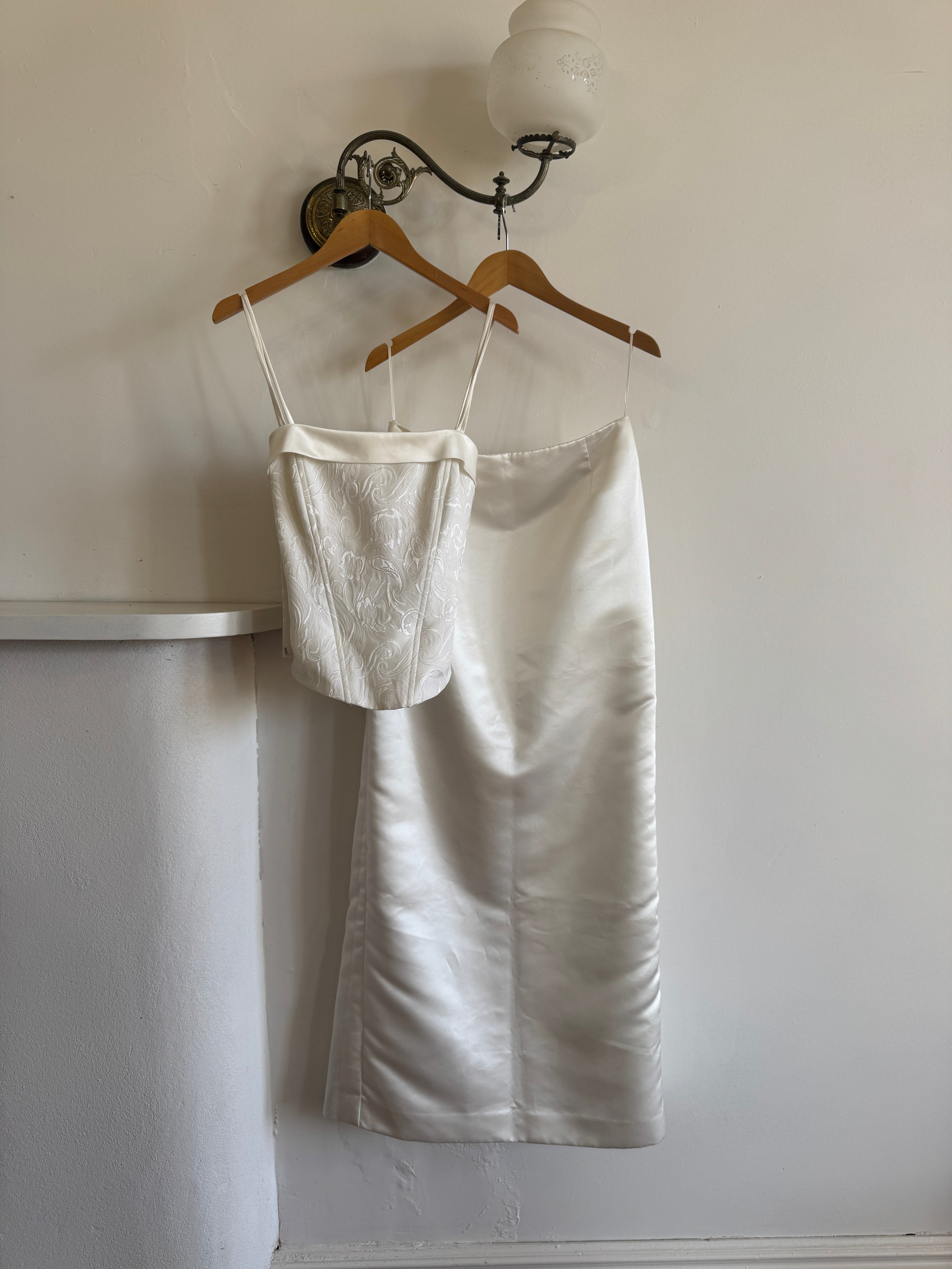 Vintage 90s Satin Jacquard Bodice and Skirt Set Ivory