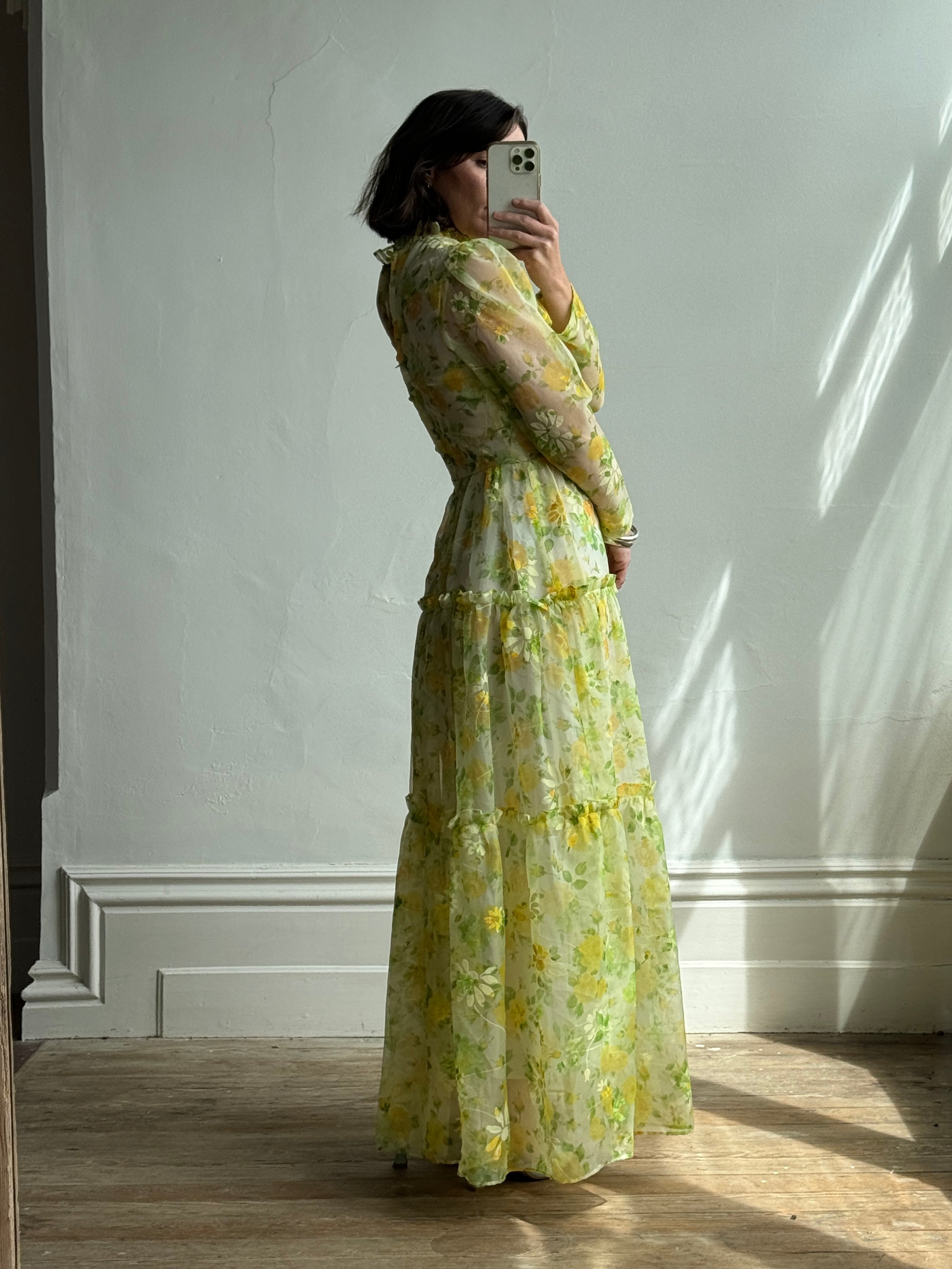 Vintage 70s Lemon Floral Tiered Maxi Dress
