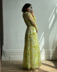 Vintage 70s Lemon Floral Tiered Maxi Dress