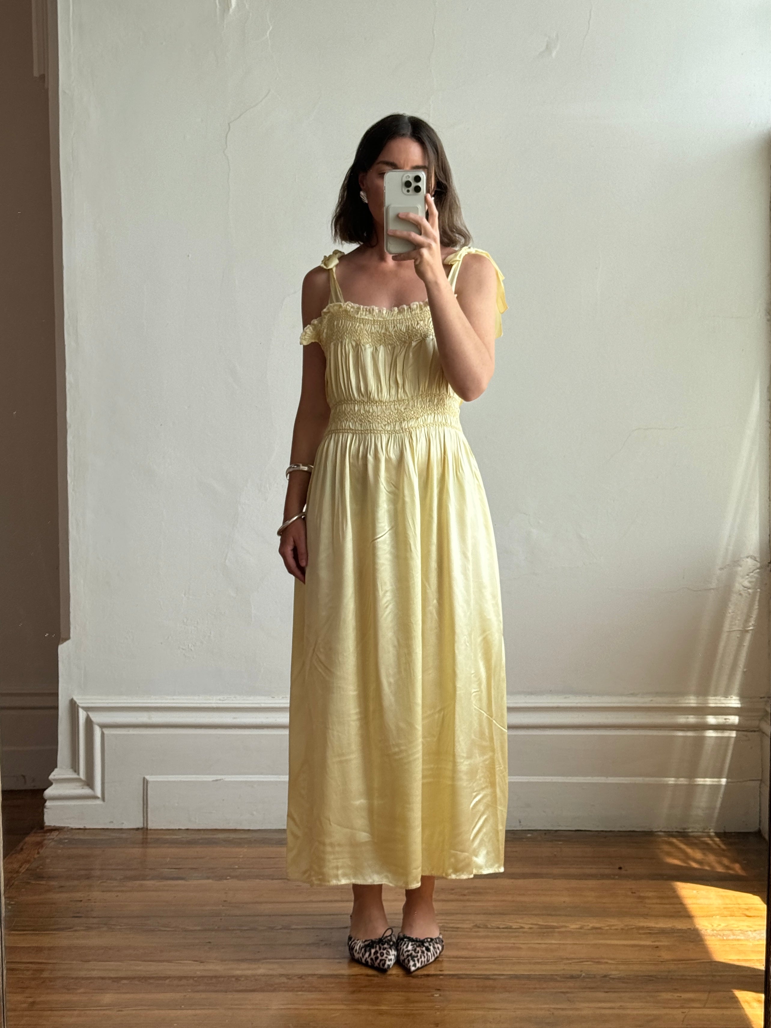 Vintage 40s Liquid Satin Shirred Dress With Ribbon Ties Yellow