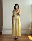 Vintage 40s Liquid Satin Shirred Dress With Ribbon Ties Yellow