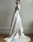 Vintage 60s Satin Jacquard Embellished Wedding Gown Ivory