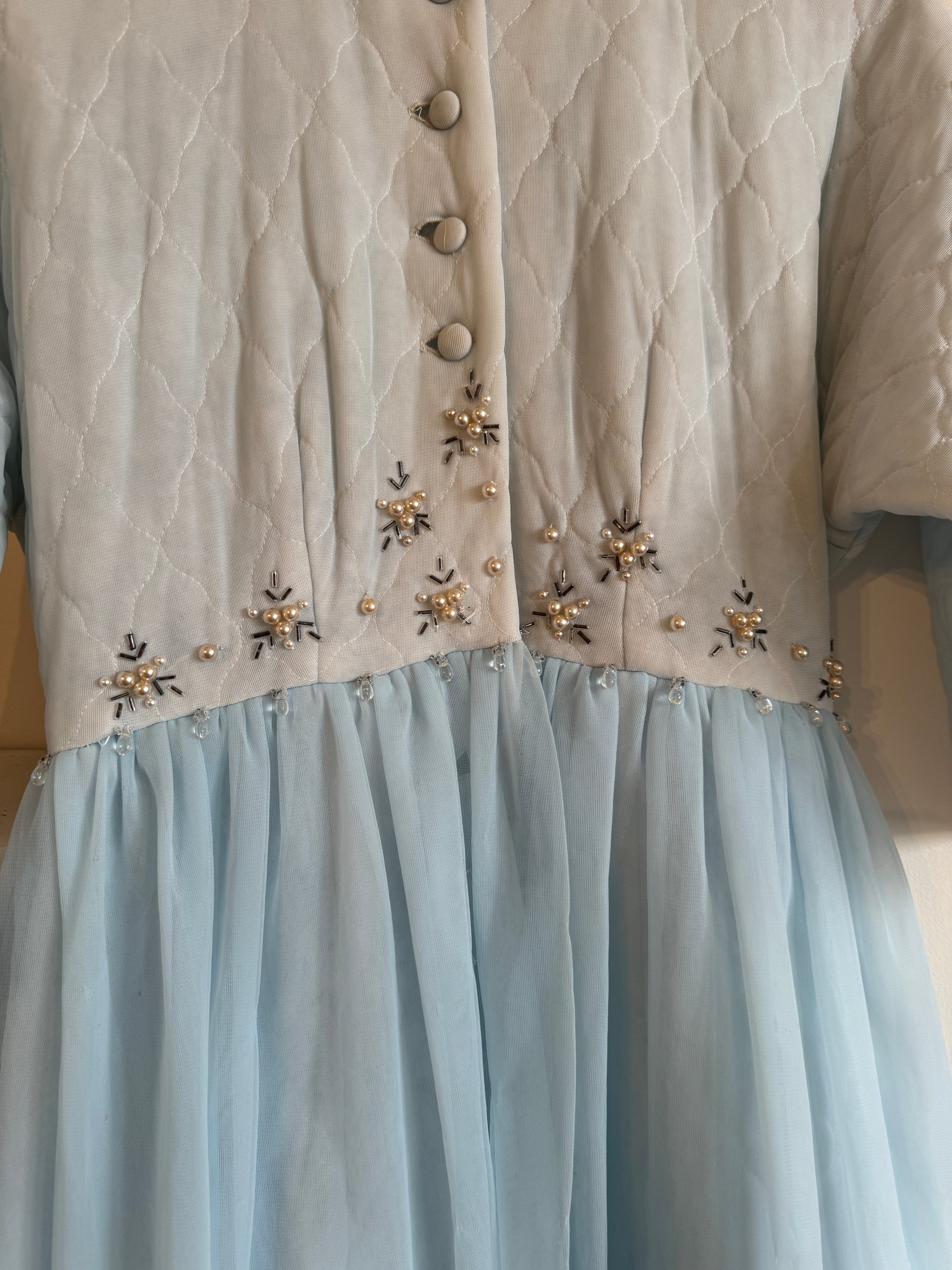 Vintage 50s Quilted Dress With Beading Baby Blue