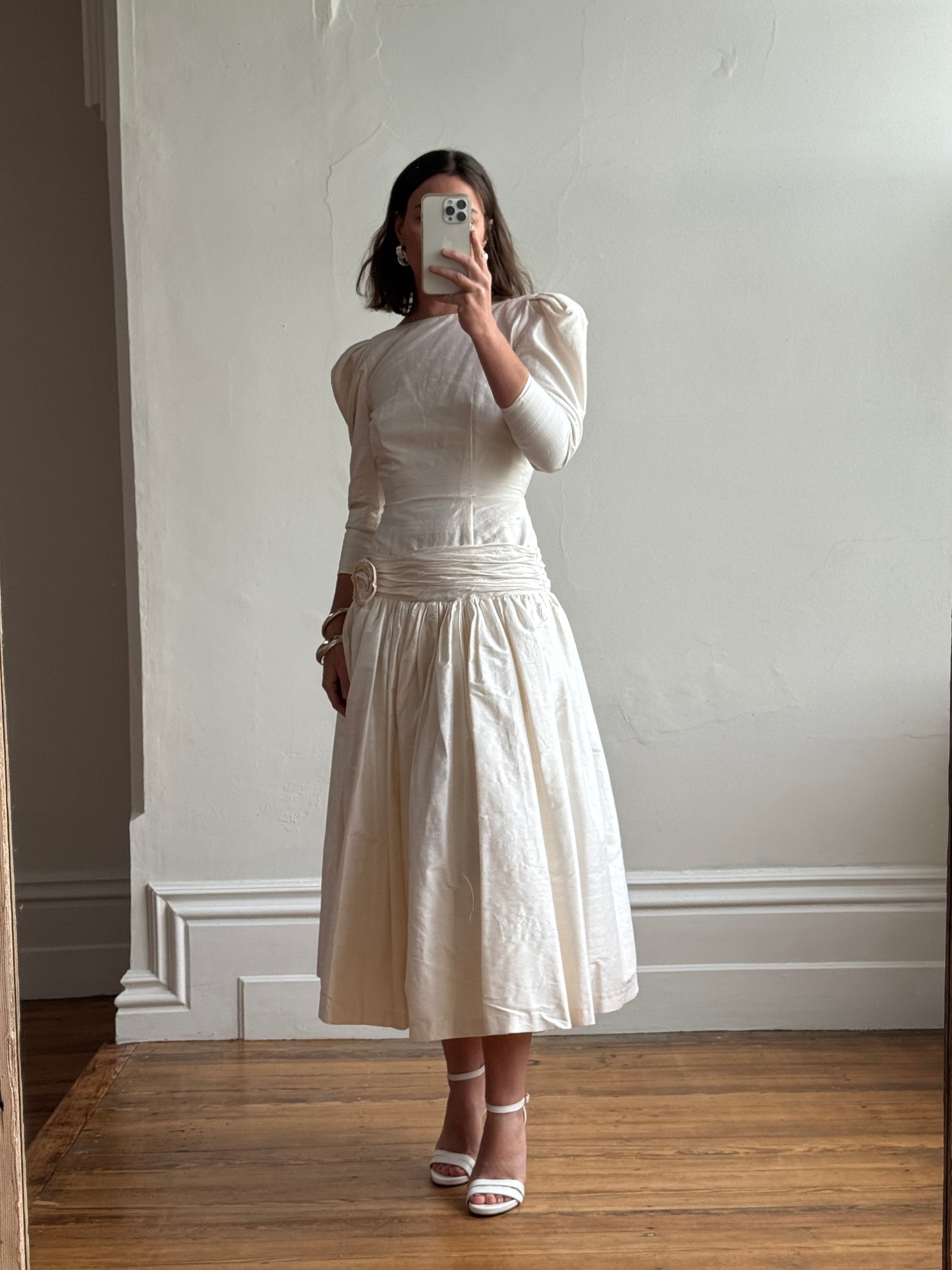 Vintage 80s Pure Silk Drop Waist Bridal Midi