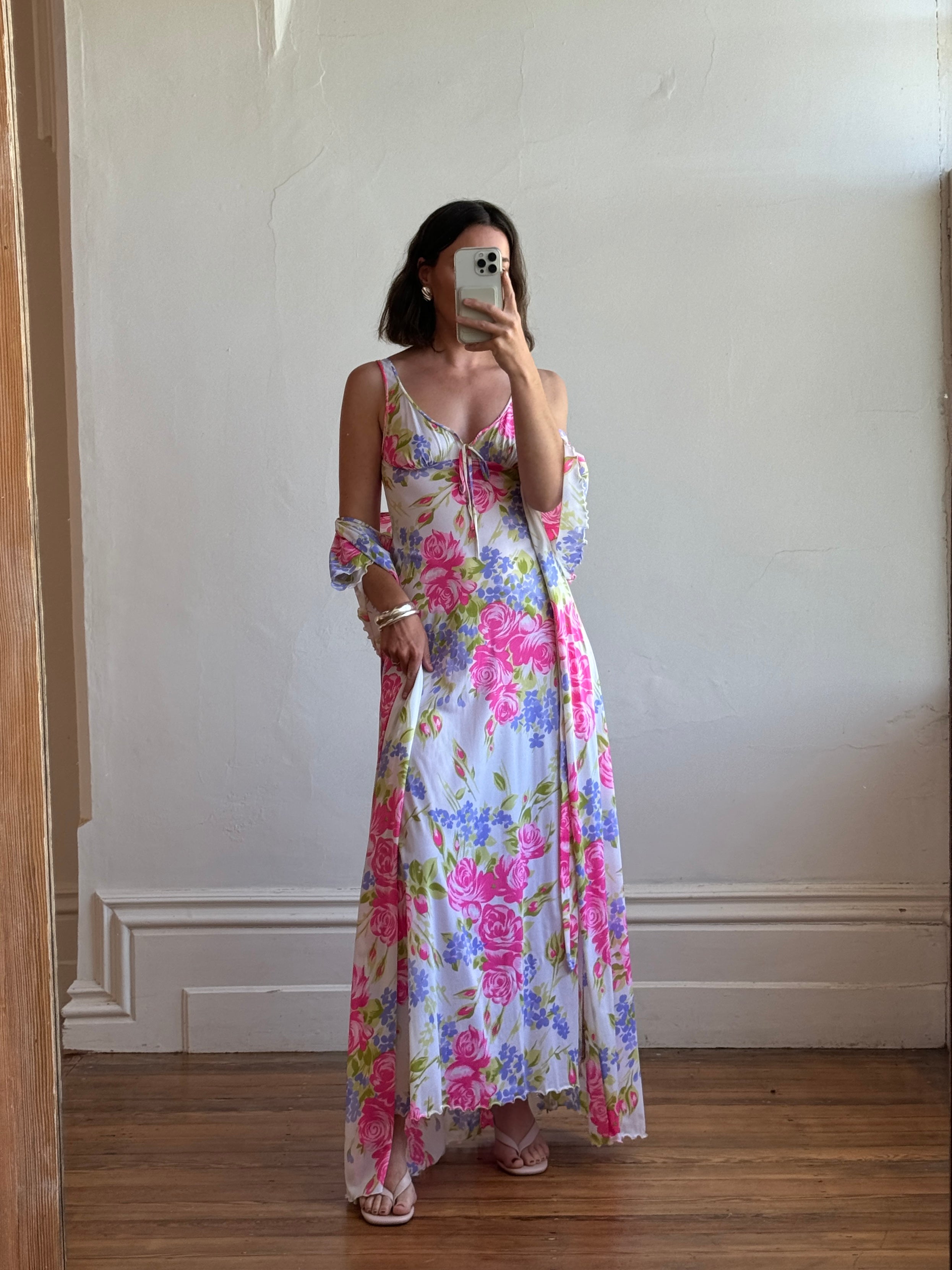 Vintage 70s Pink Floral Slip and Wrap Dress Set