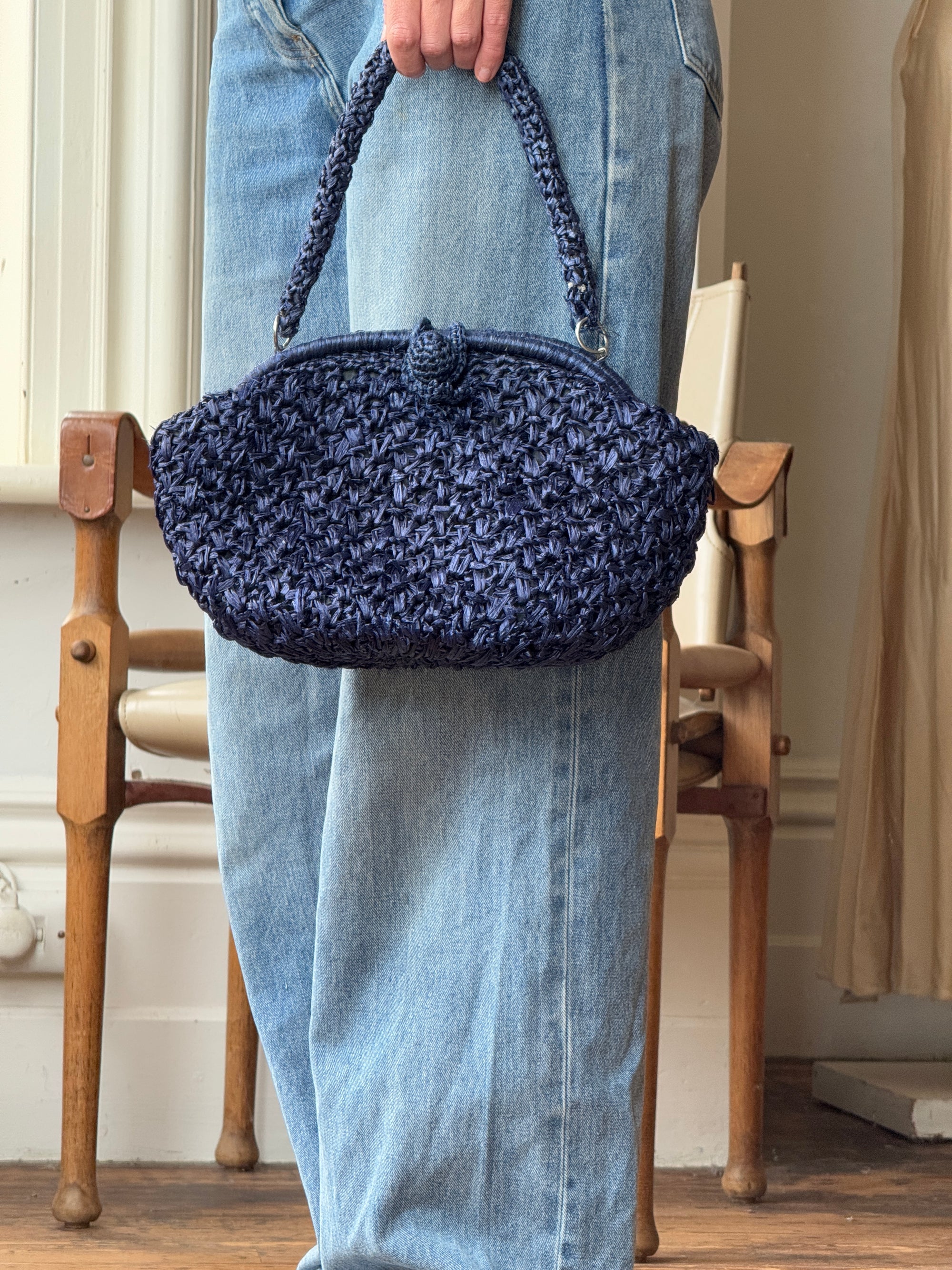 Vintage Raffia Shoulder Bag Navy