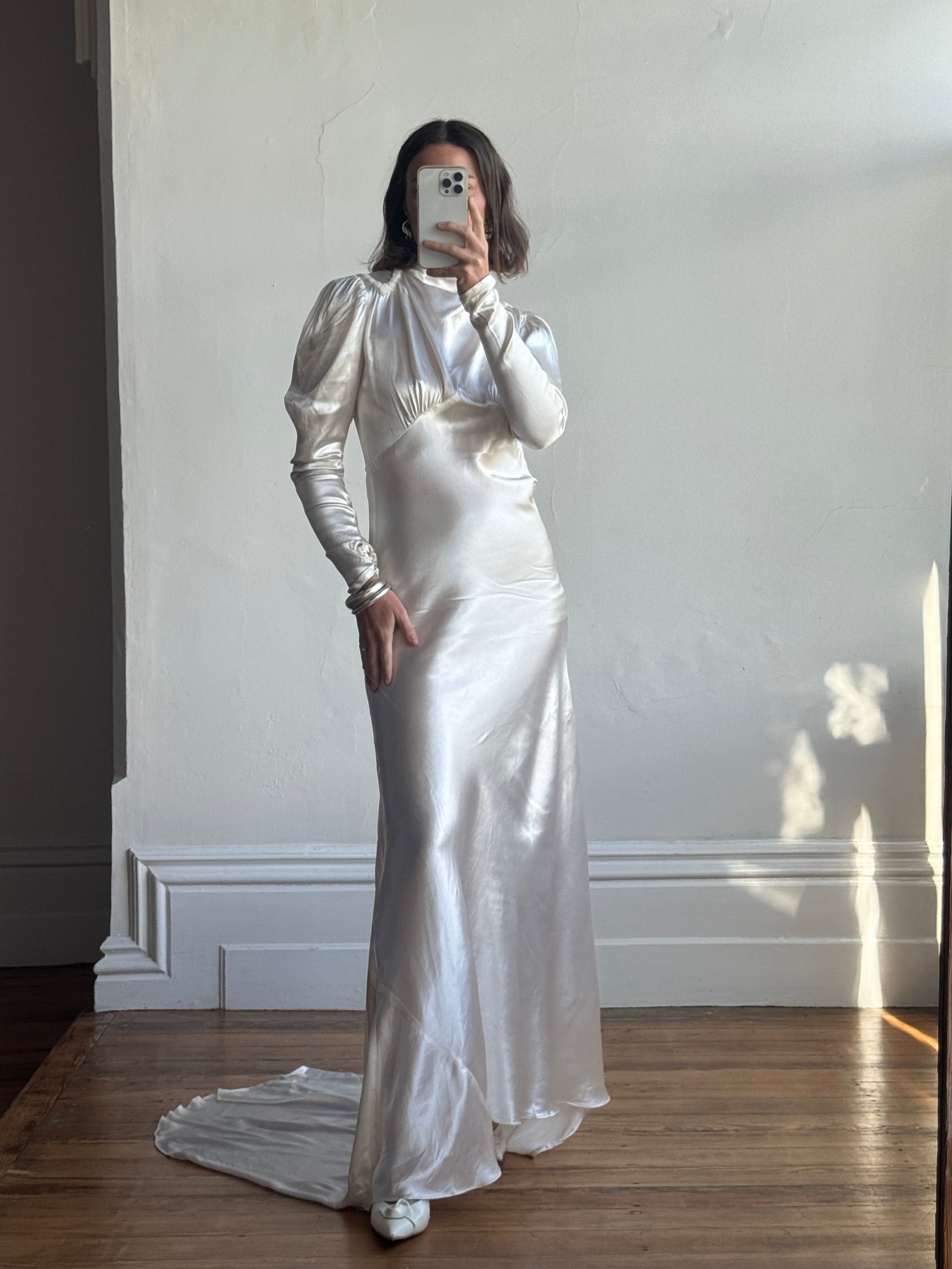 Vintage 40s Liquid Satin Beaded Wedding Gown with Chapel Train