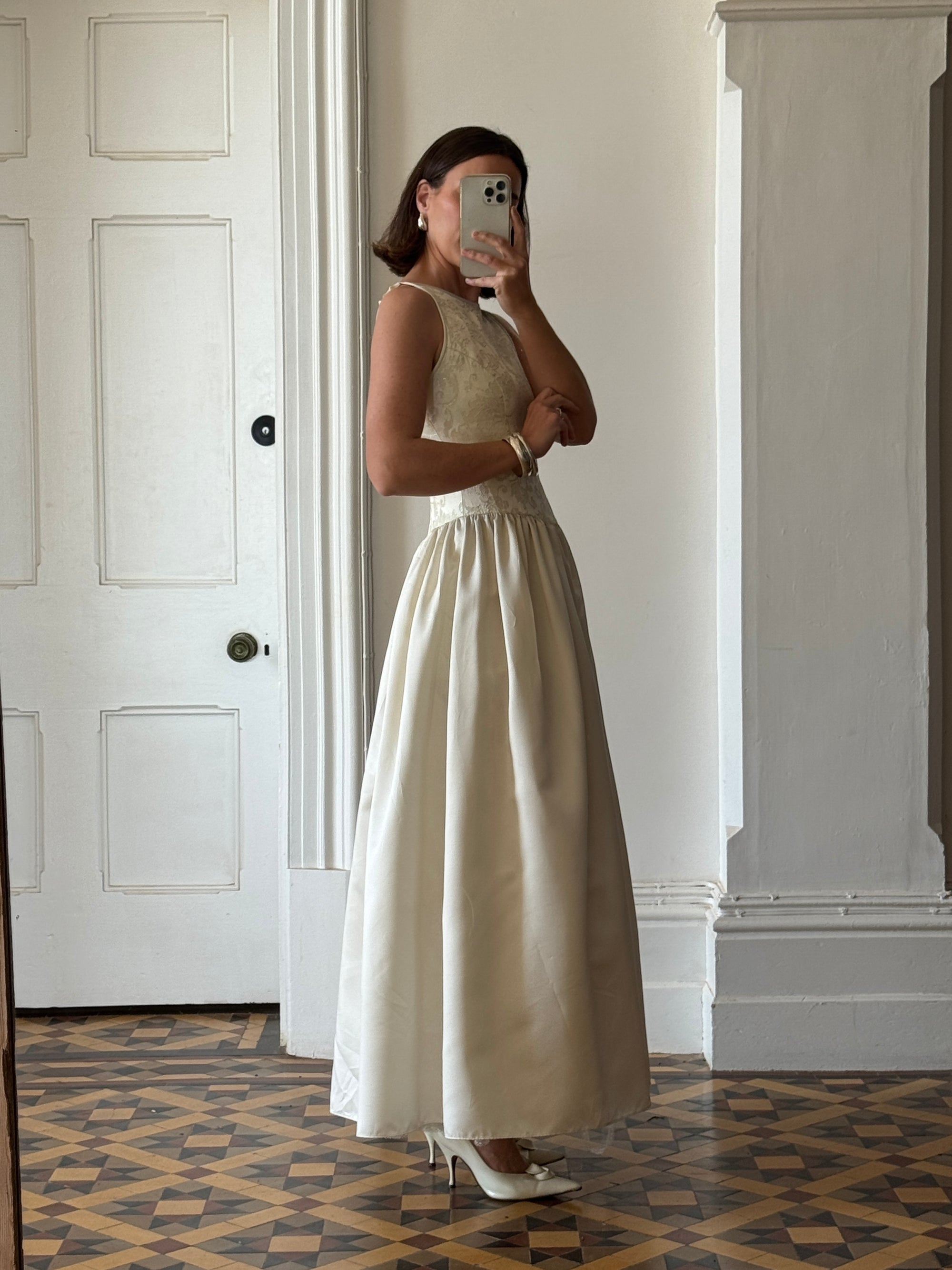 Vintage 90s Brocade High Front Satin Wedding Gown Champagne