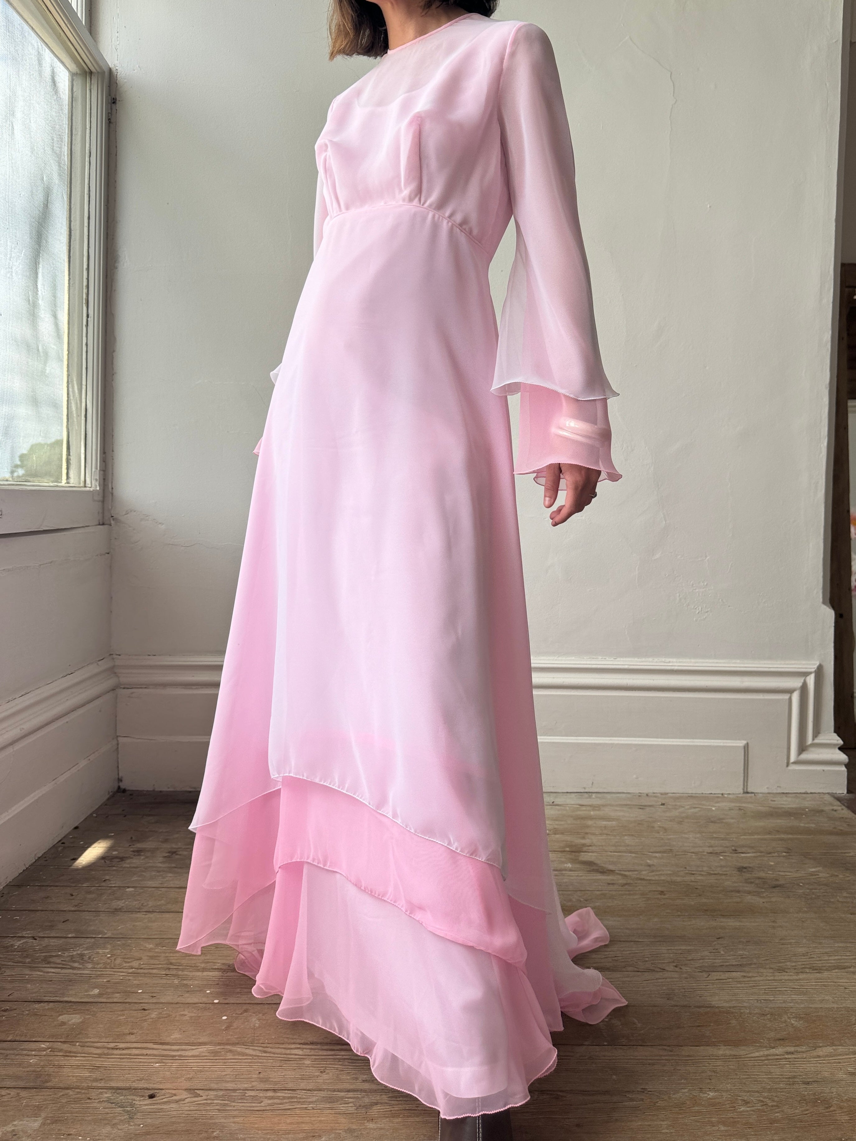 Vintage 70s Pink Tiered Waterfall Gown