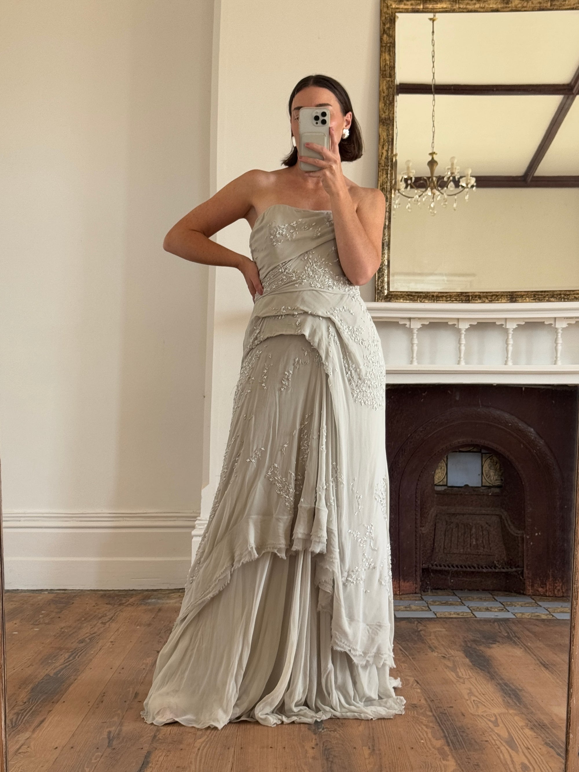 Archival Y2K J Mendel Pure Silk Beaded Wedding Dress Pale Grey