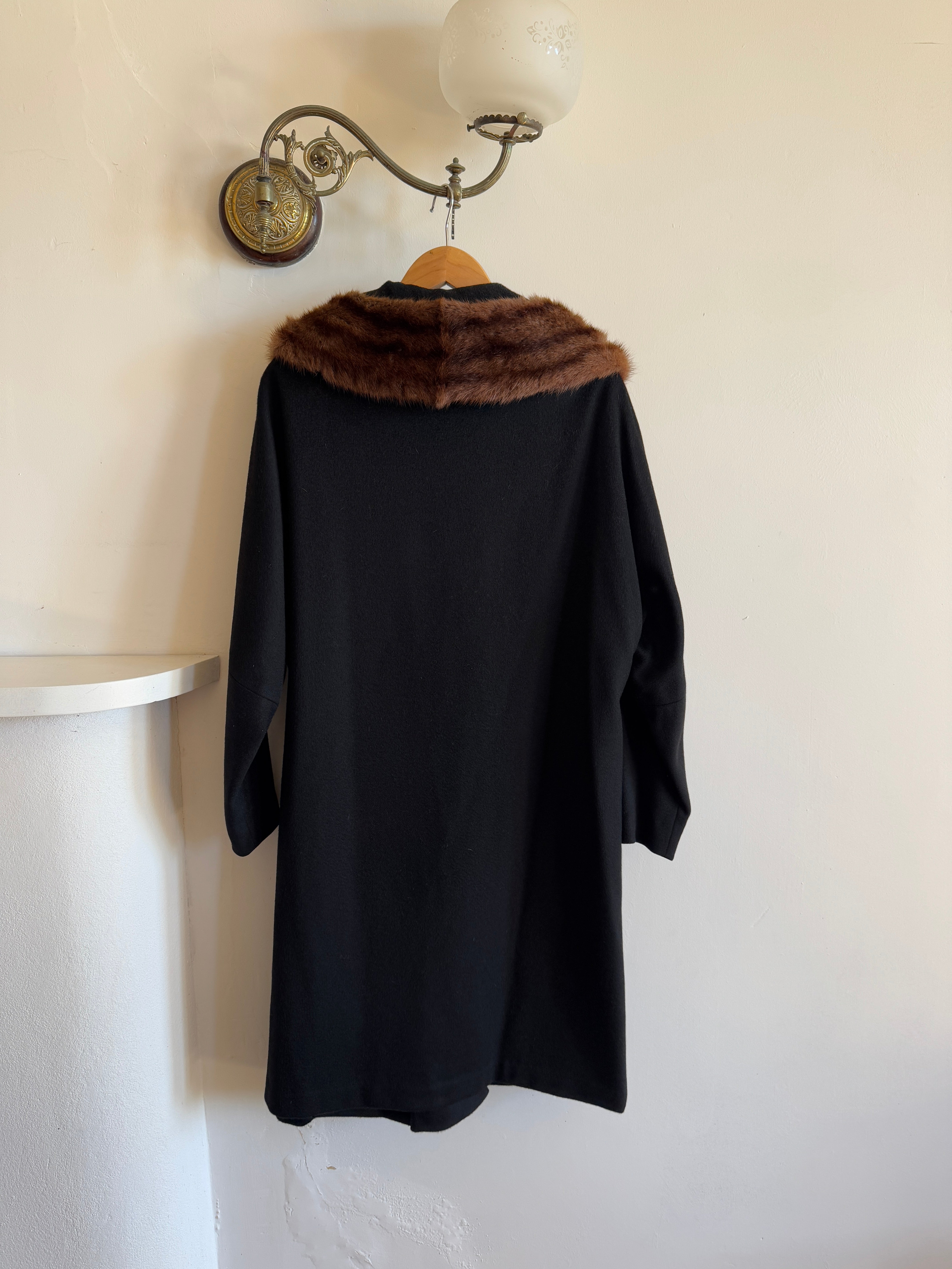 Vintage 60s Noir Pure Wool Mid Length Overcoat with Fur Collar