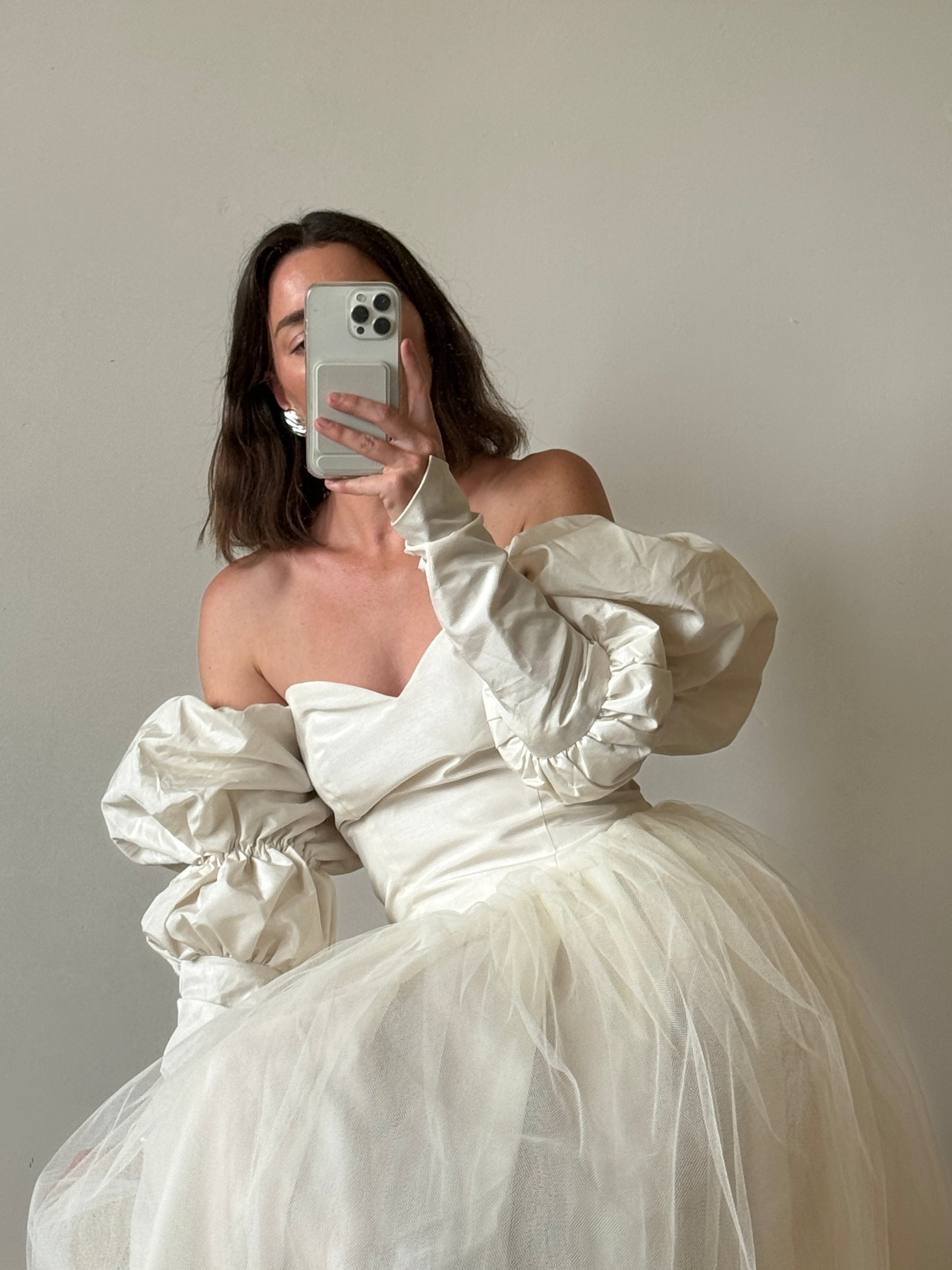 Vintage 80s Pure Silk and Tulle Off Shoulder Wedding Dress