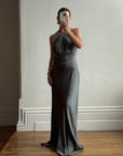 Vintage 90s Slinky Halter Bias Slip Gown Gunmetal
