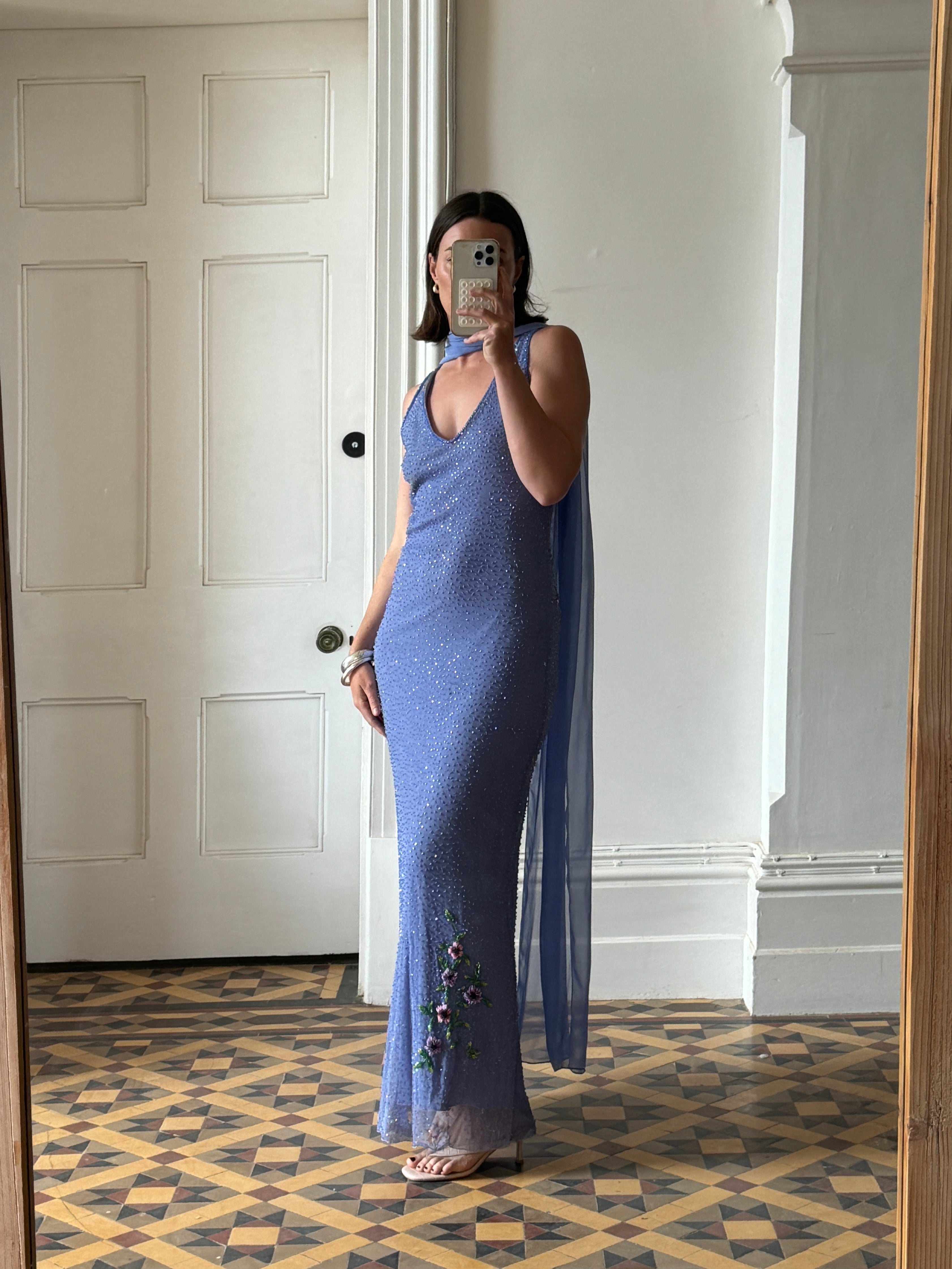 Vintage 90s Cornflour Blue Beaded Evening Gown With Scarf