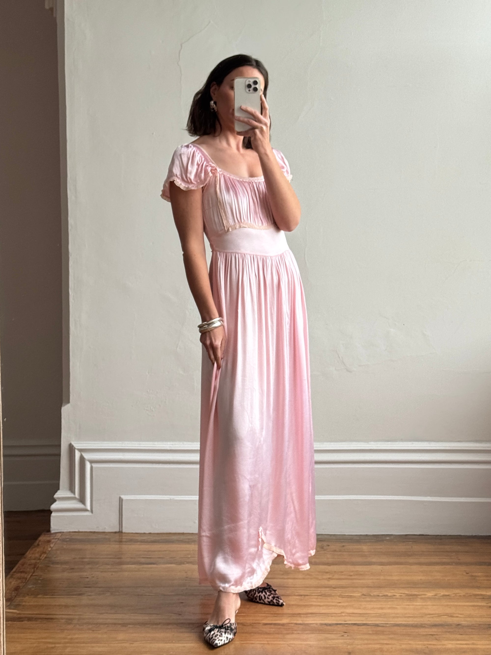 Vintage 30s Baby Pink Liquid Satin Slip with Creme Lace Trim